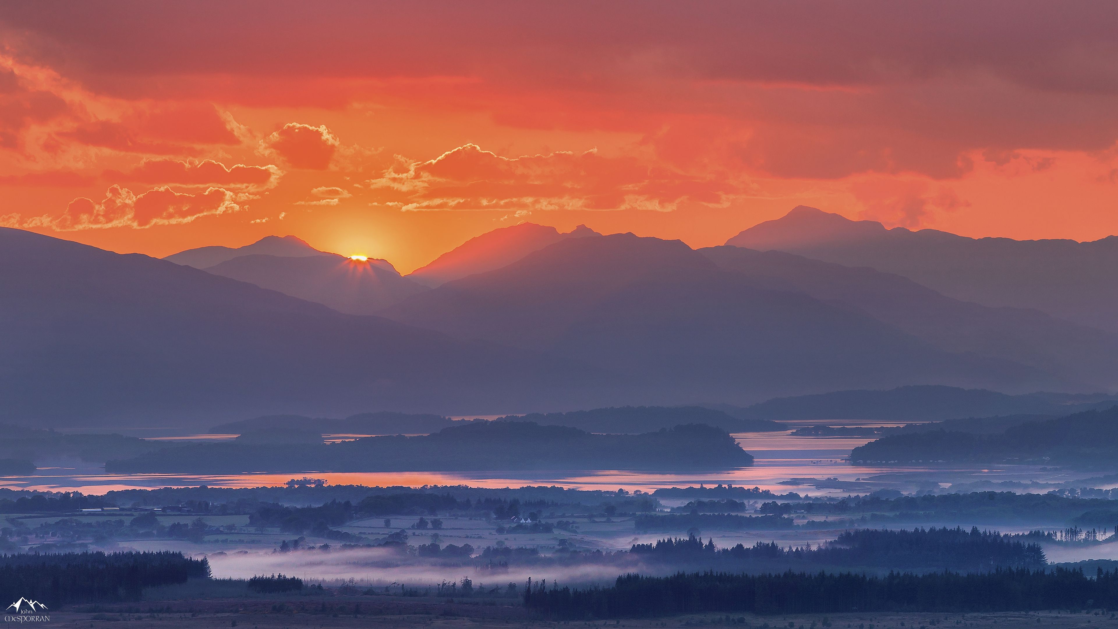 3840x2160 Download wallpaper 3840x2160 mountains, fog, sunset, loch lomond, scotland 4k uhd 16:9 HD background