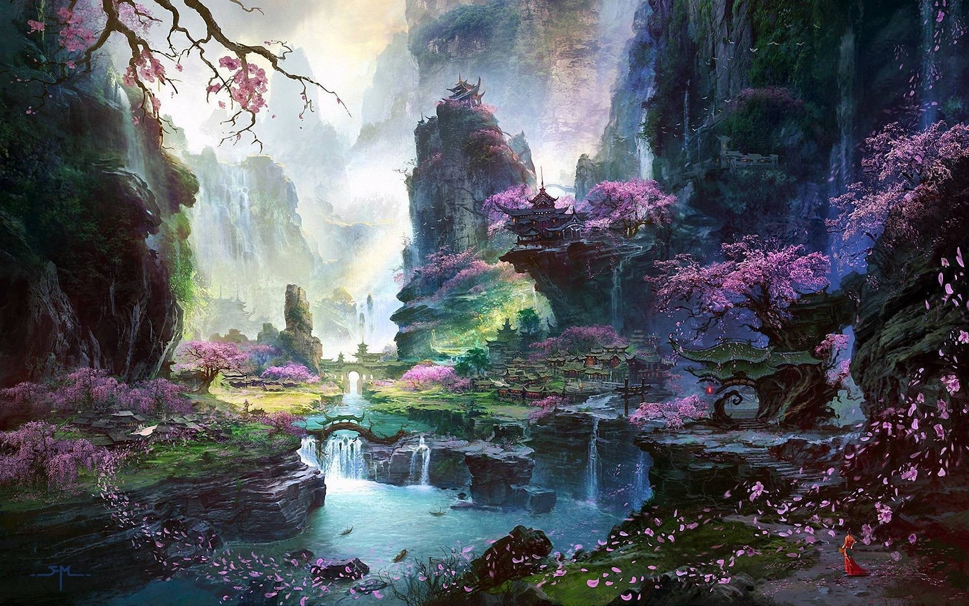 1920x1201 River Beside High Rise Mountain Landscape Painting HD Wallpaper