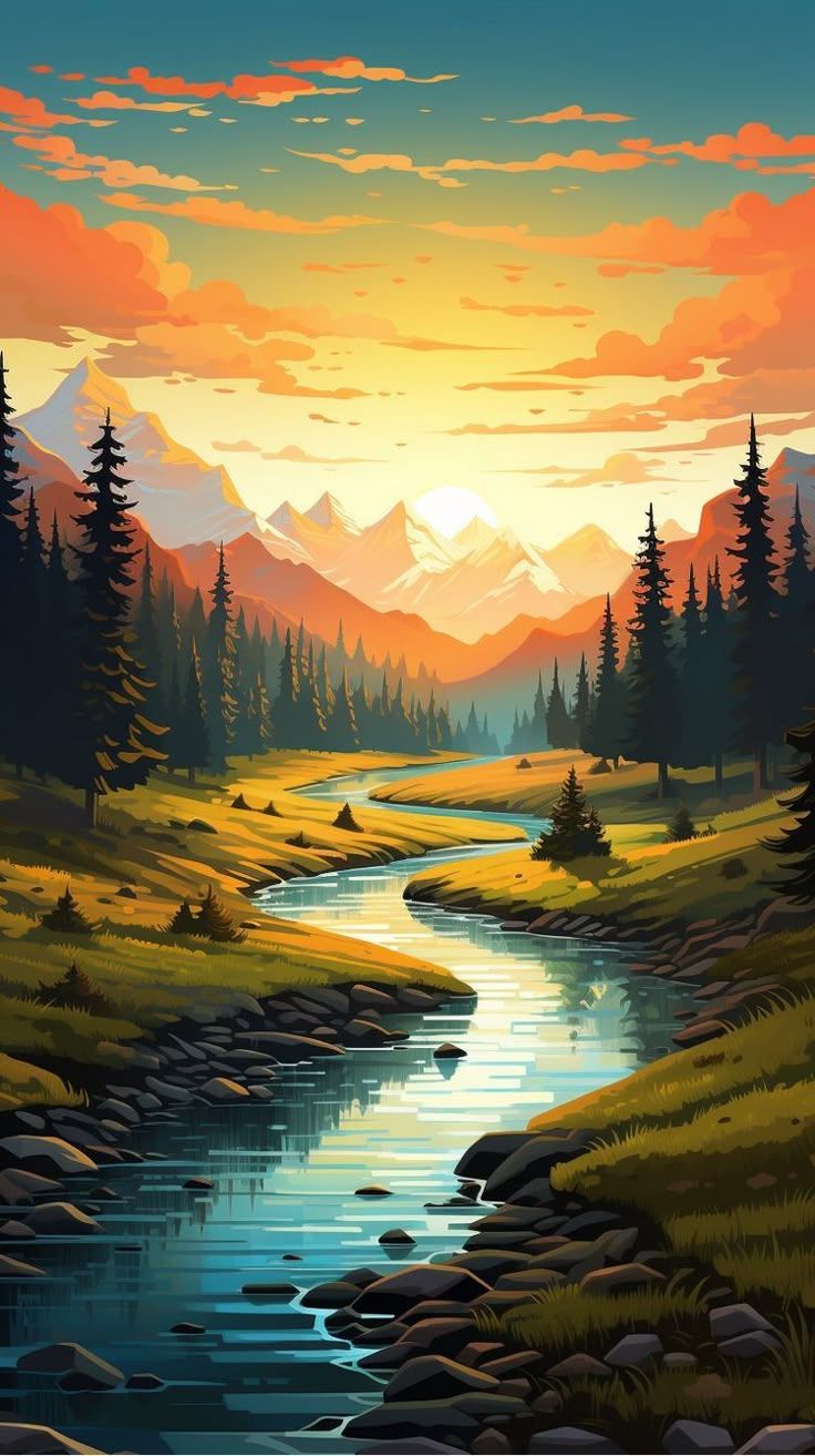 736x1313 Colorful Landscape Art: A River Running Through a Lush Green Forest. Beautiful paintings of nature
