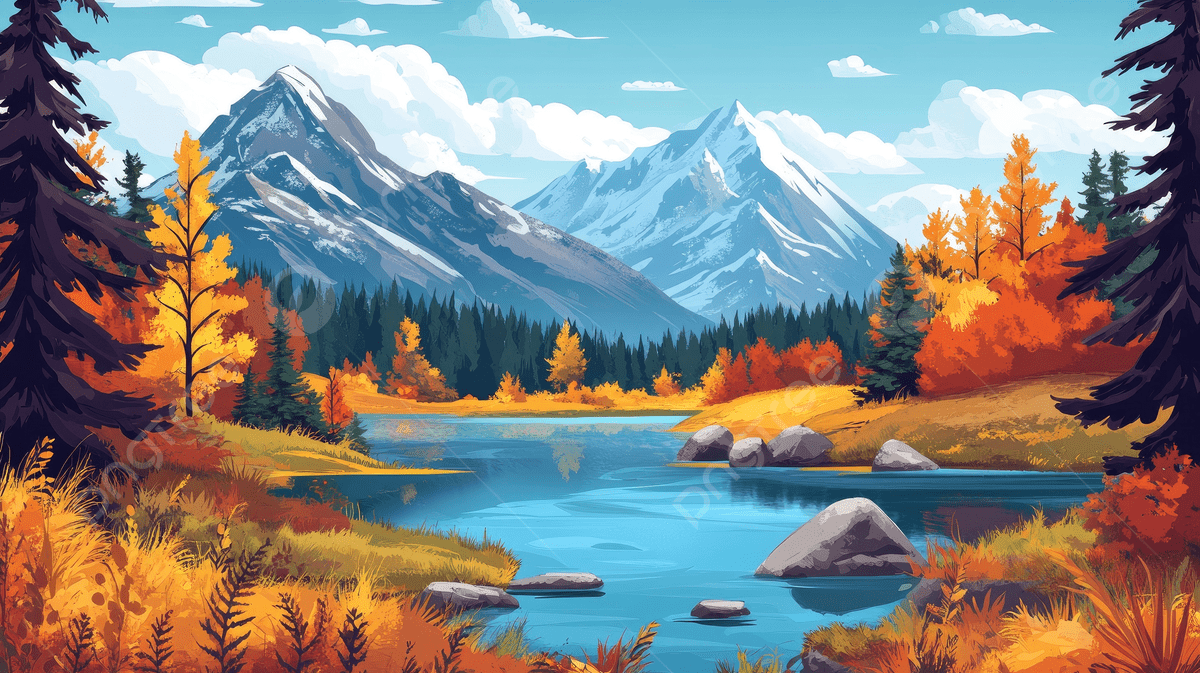 1200x673 A Cartoon Drawing Of An Autumn Forest With Mountains River And Pond, Cartoon, Drawing, Autumn Background Image And Wallpaper for Free Download