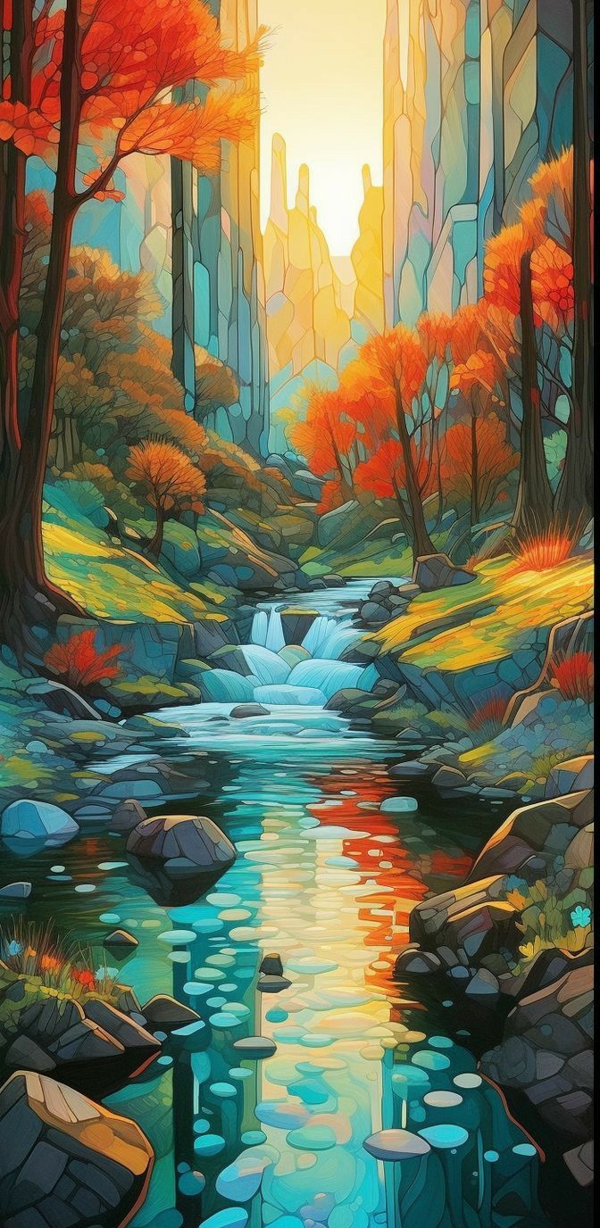 672x1376 Digital Art Style: Fantasy Landscape Painting. Vibrant landscape drawing, Stylized landscape art, Beautiful digital art landscape pattern