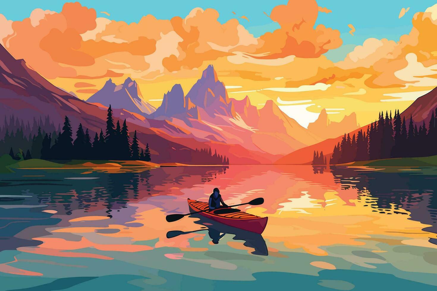 1470x980 Tranquil sunset over mountains and lake, reflecting beauty of nature and transportation, young woman kayaking in crystal lake illustration for printing, wallpaper design and wall ar