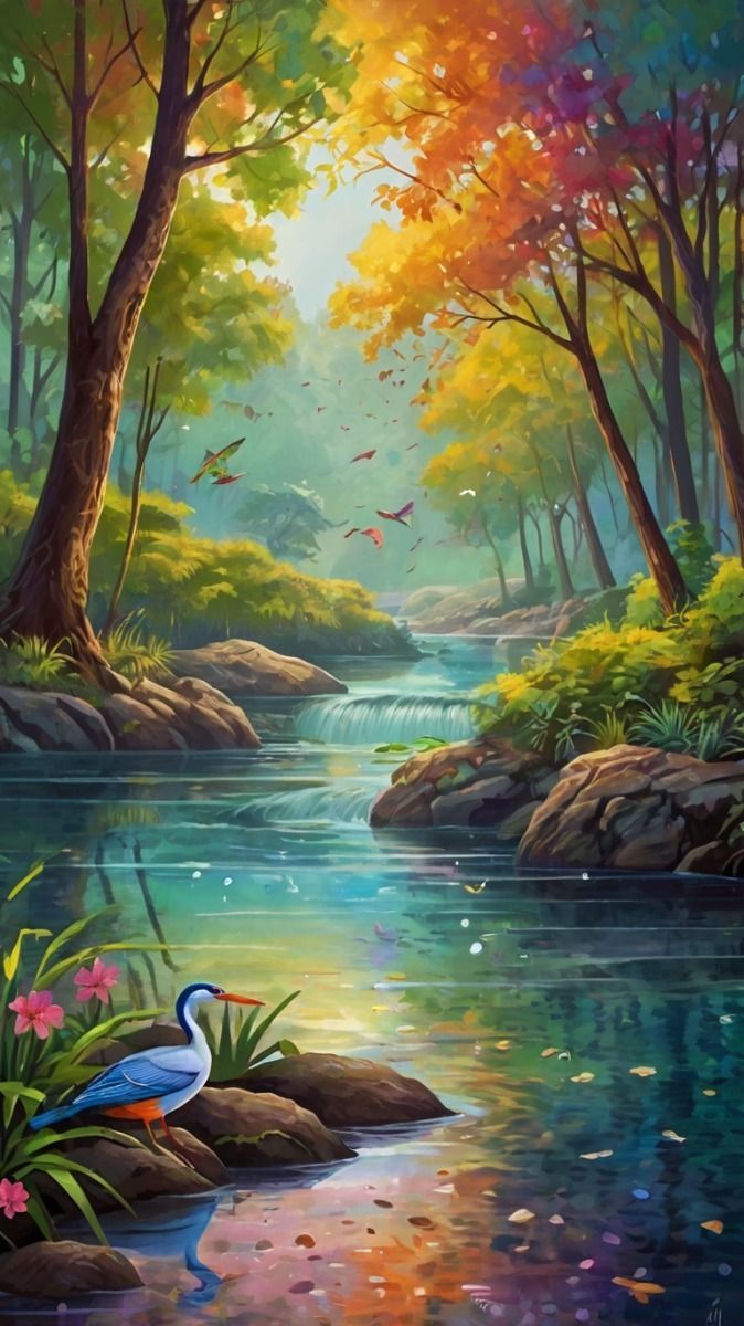 674x1200 A serene, with a gentle river flowing through it