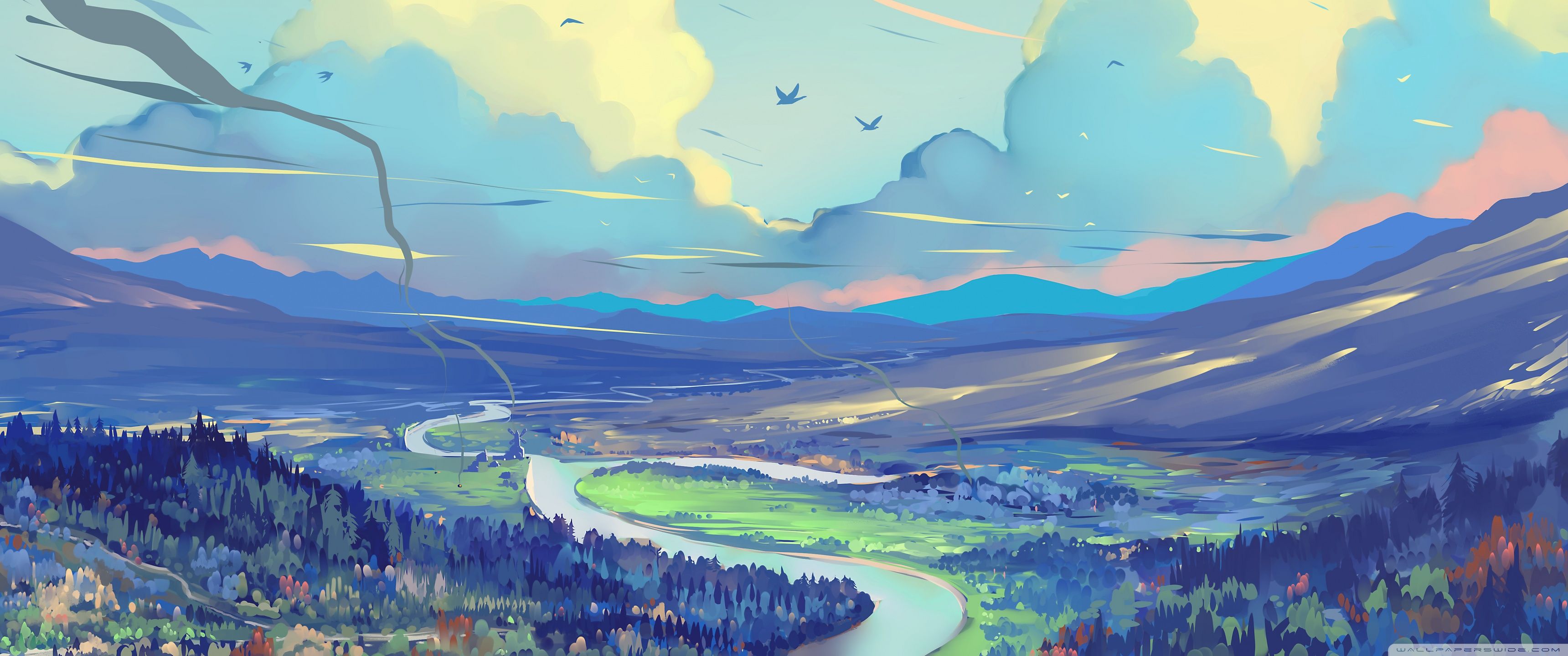 3440x1440 River Valley, Flying Birds, Landscape 4K UHD Wallpaper for UltraHD Desktop and TV : Widescreen and UltraWide Display : Smartphone and Tablet Devices
