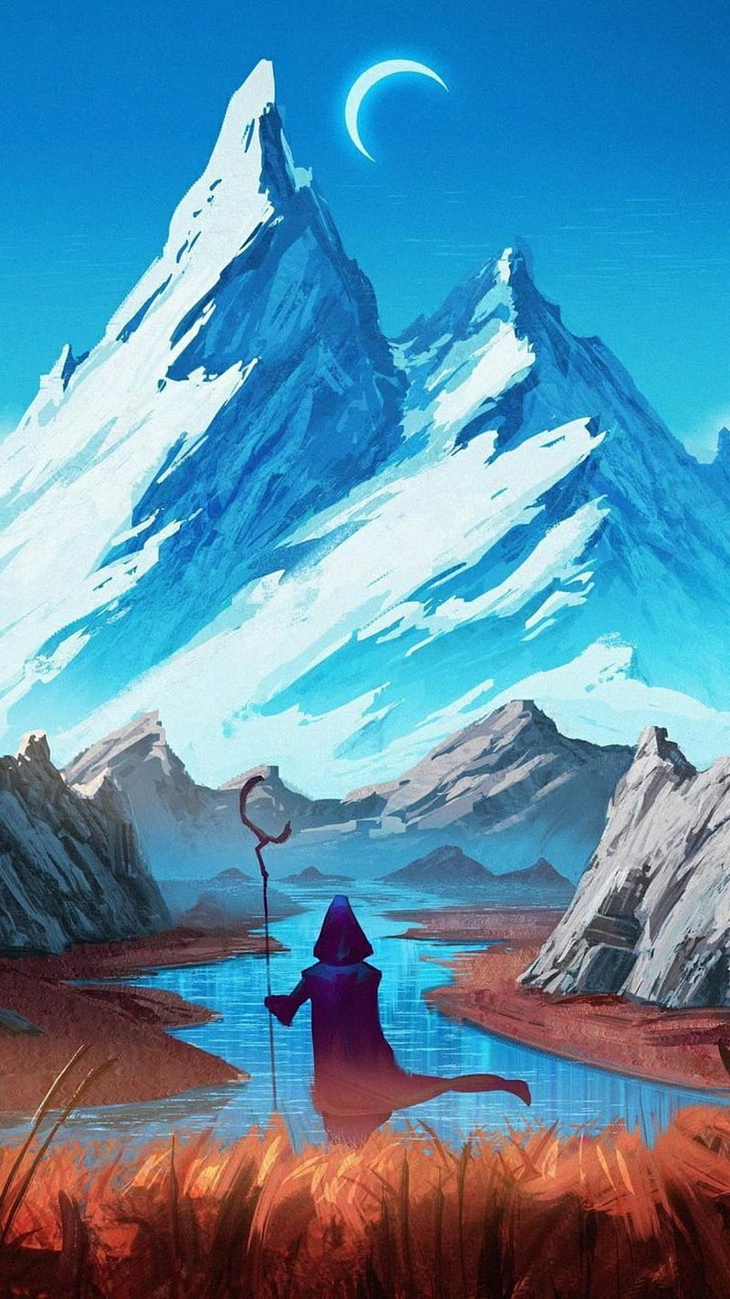 800x1422 Drawing, explore, magician, moon, mountain, mountains, nature, river, witch, HD phone wallpaper