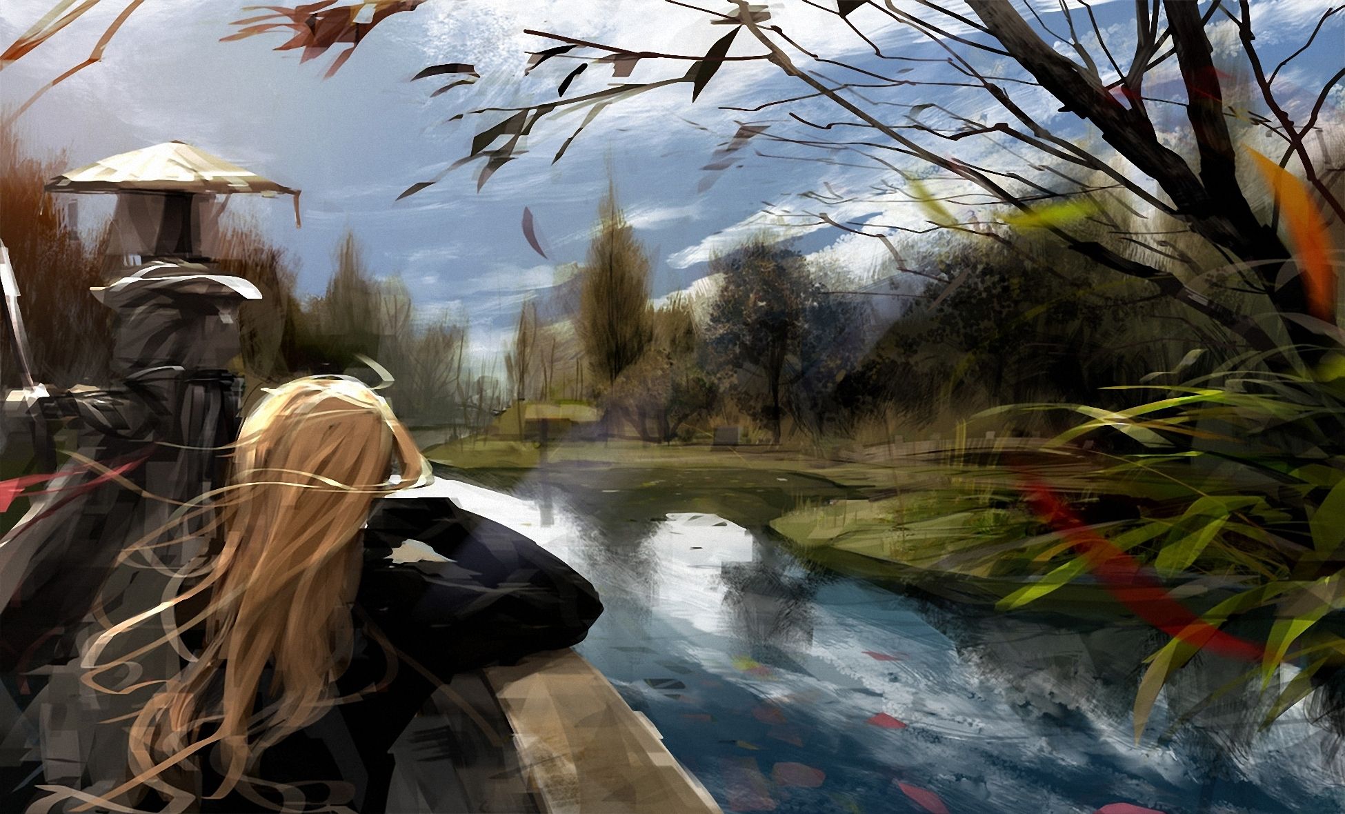 1950x1180 drawing, Art, Girl, Long, Haired, Blonde, River, Trees, Wind, Clouds Wallpaper HD / Desktop and Mobile Background
