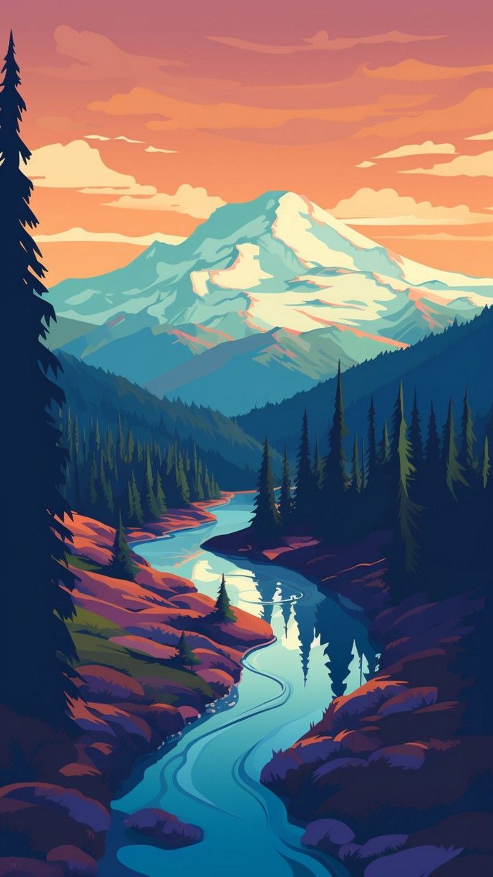 720x1280 Majestic Landscape With River And Snow Capped Mountain. Mountain Colors Displate, Mountain Drawing Wallpaper, Colorful Forest Sunset Illustration