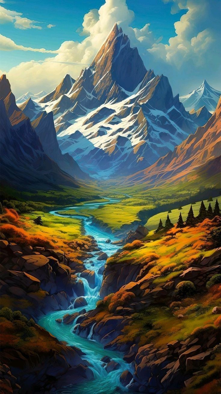 735x1308 Mountain Range Painting with River. Fantasy mountain landscape drawing, Realistic mountain scenery, Colorful forest river art
