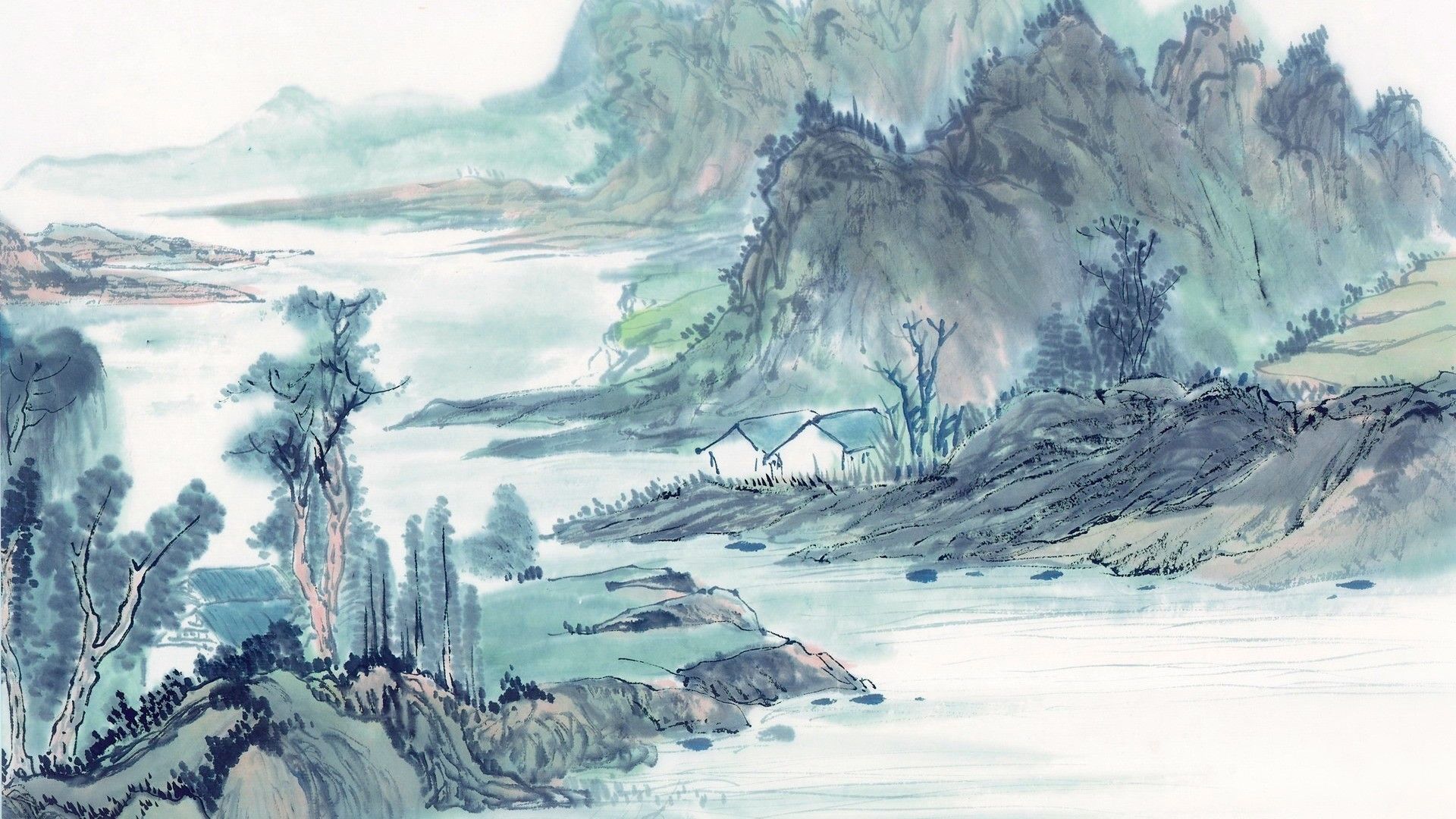 1920x1080 Wallpaper nature, river, shore, home, the evening, art, watercolor for mobile and desktop, section живопись, resolution 1920x1080