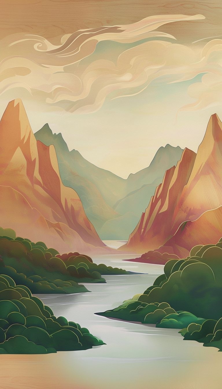 768x1344 Majestic Mountain Landscape with Winding River Digital Painting Mobile Wallpaper