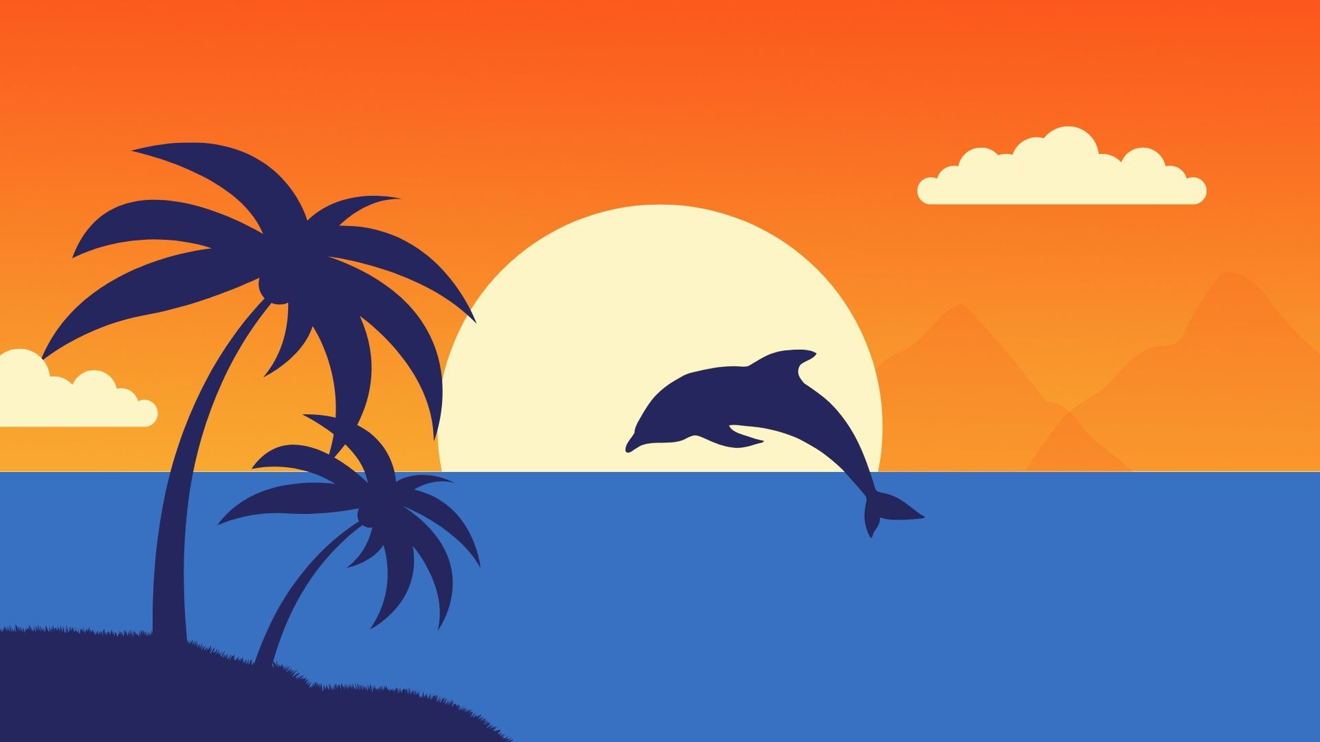 1920x1080 Minimalist River Art Dolphin Fish Moon Palm Trees Silhouette Background HD Minimalist Wallpaper