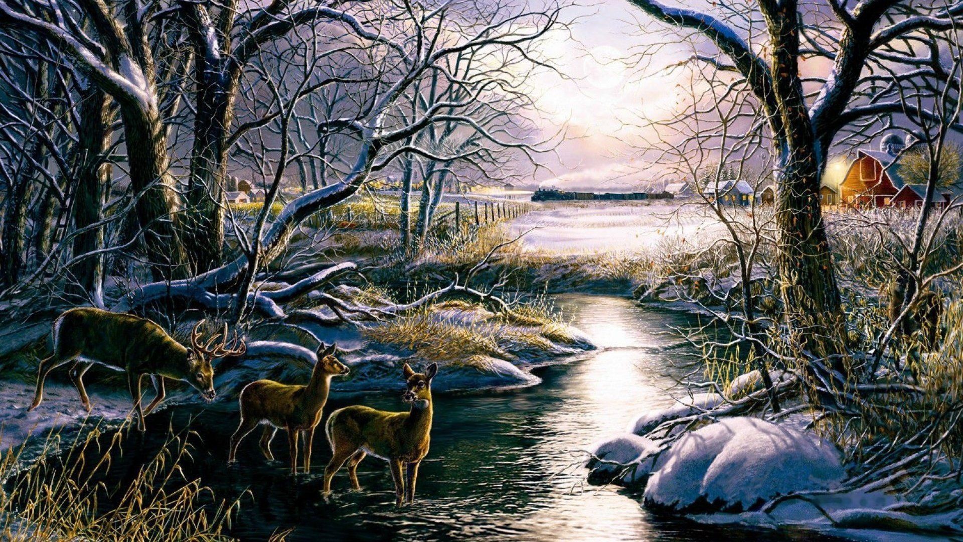 1920x1080 art, Oil, Painting, Drawing, Forest, Creek, Deer, Fields, Huts Wallpaper HD / Desktop and Mobile Background