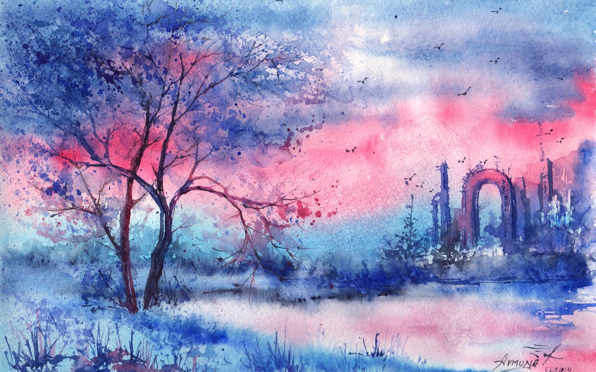 1920x1200 Wallpaper Painted, tree, river, arch, night 1920x1200 Picture, Image