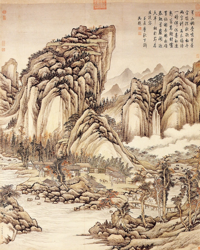 817x1024 A painting of a mountain with a river running through it