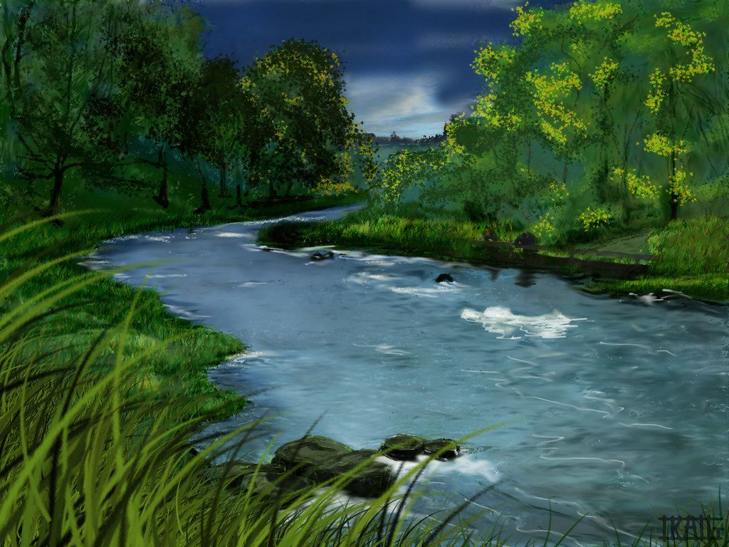 1024x768 River Drawing. Drawn in photohop, using a couple of my pho