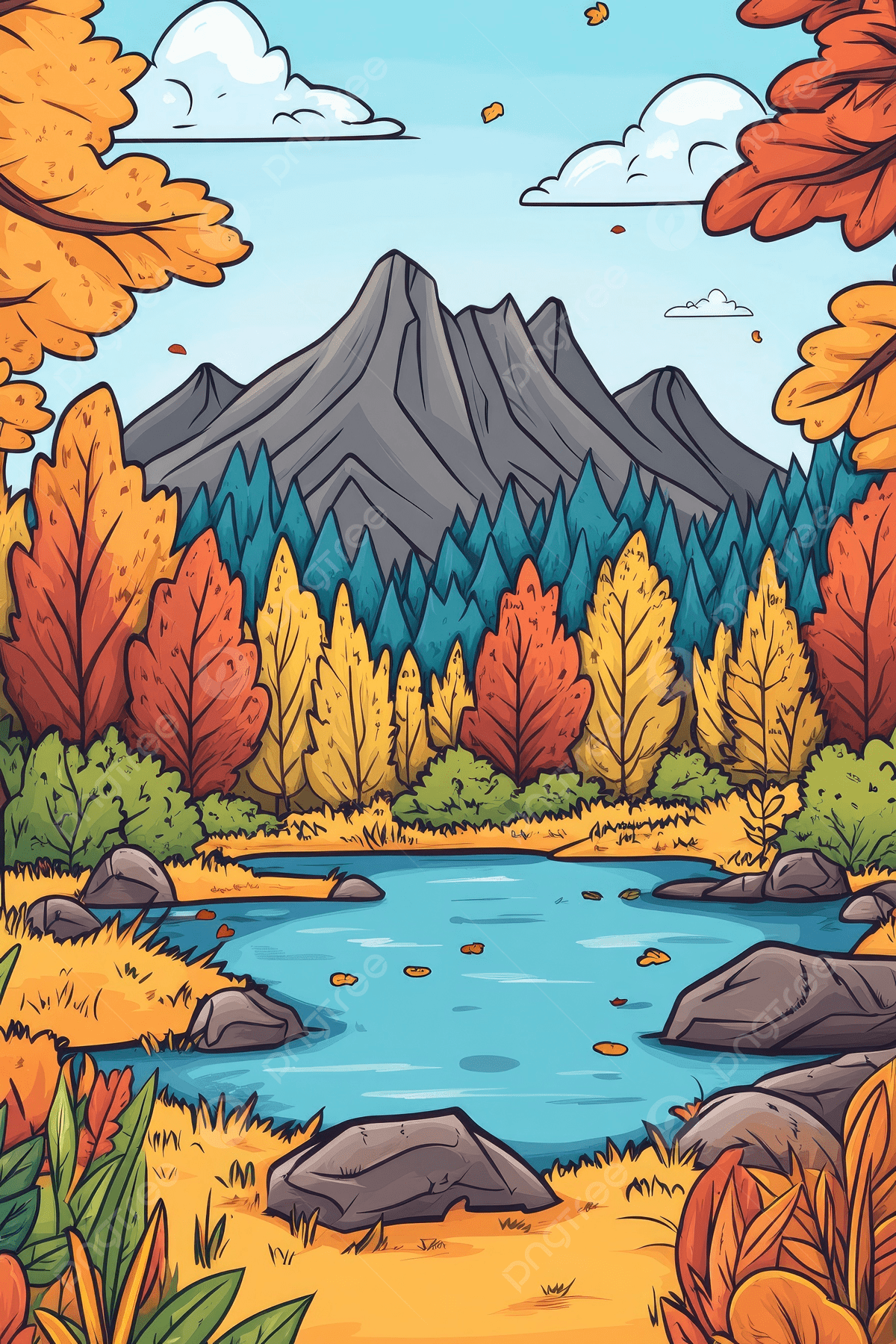 1200x1800 A Cartoon Drawing Of An Autumn Forest With Mountains River And Pond Background Wallpaper Image For Free Download