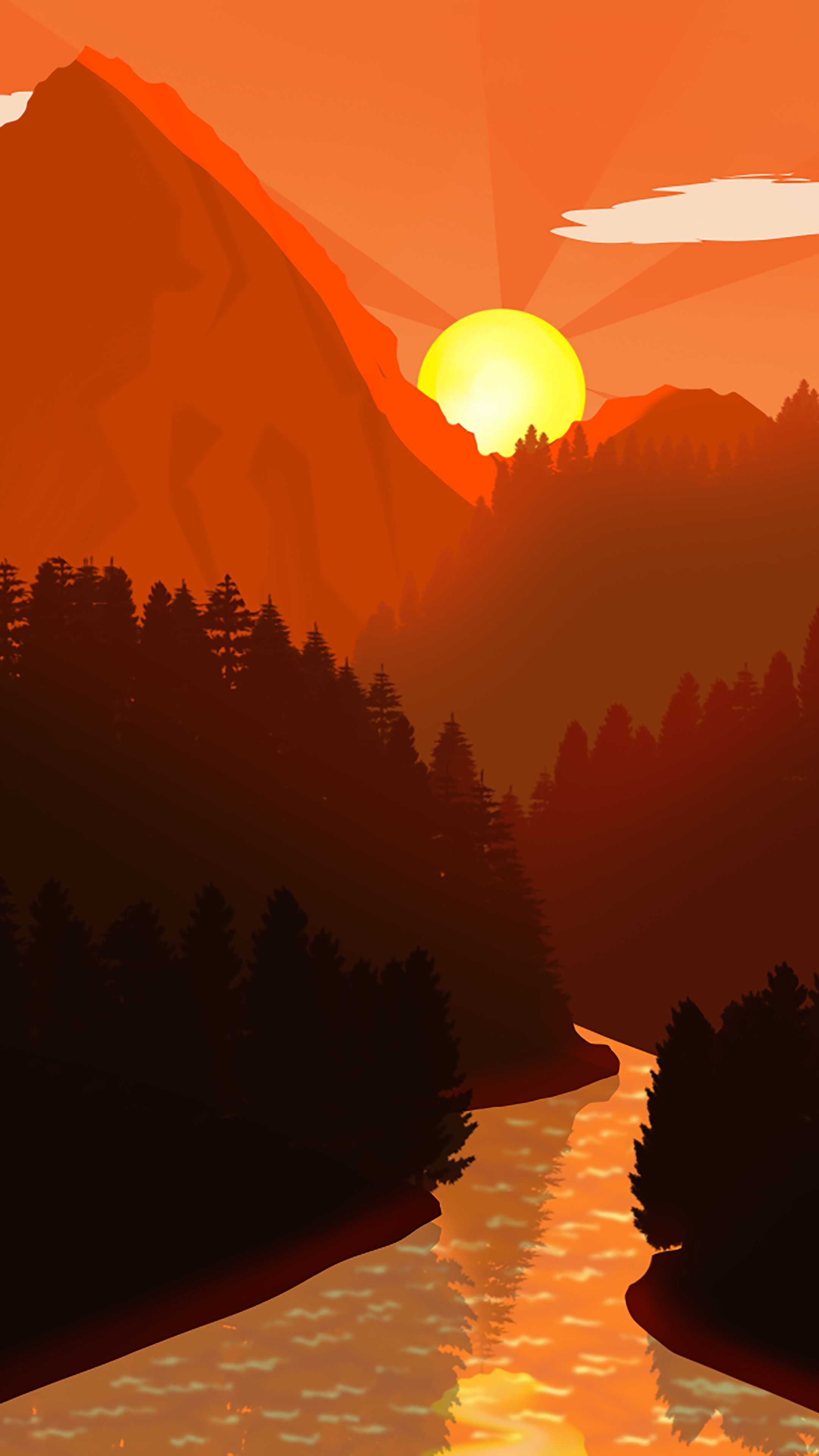 2160x3840 Phone wallpaper: Sunrise, Artistic, River, Mountain, Landscape 1389623