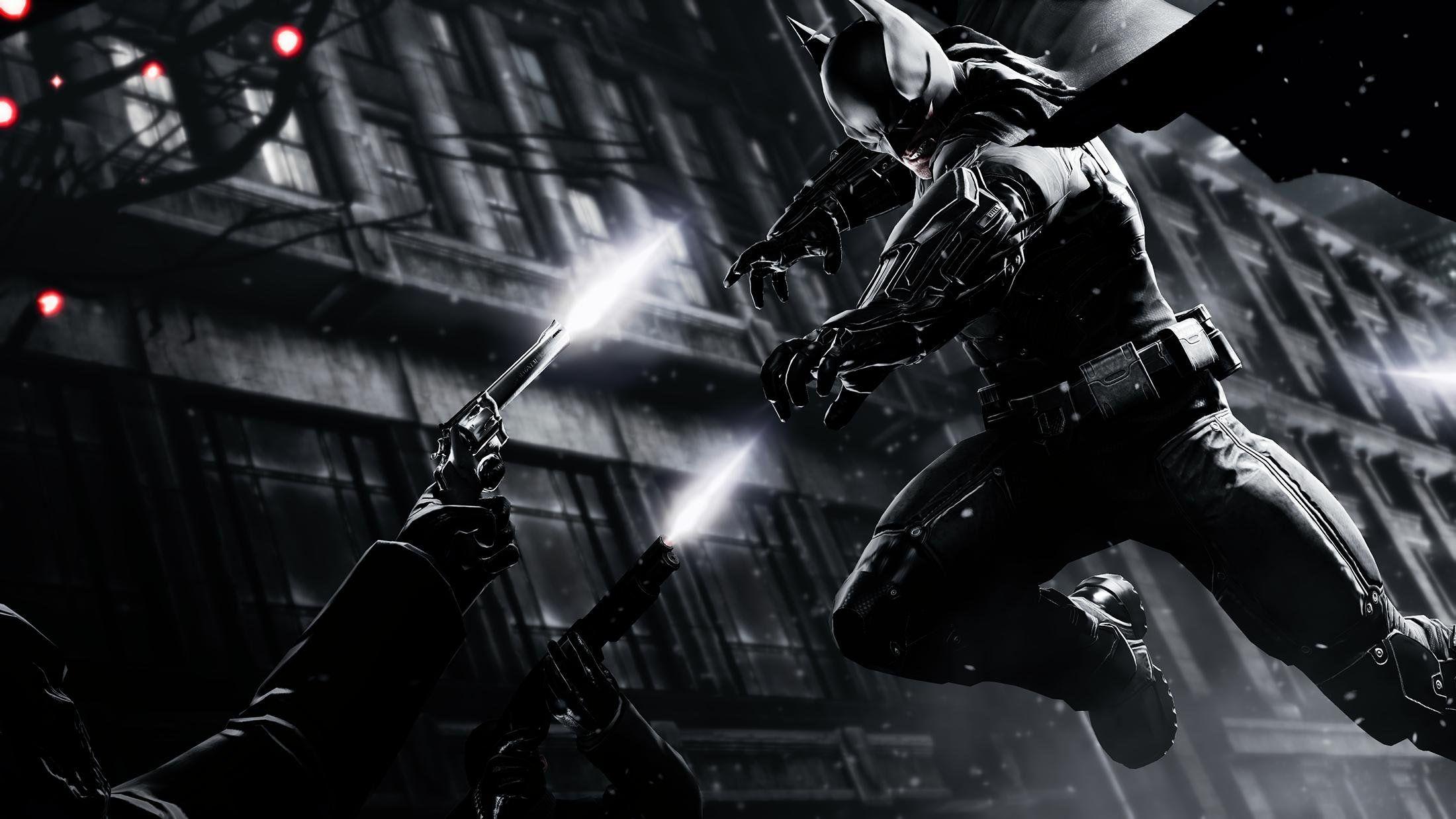 2200x1238 Batman Arkham Origins Batman Jump Handgun BW wallpaperx1238