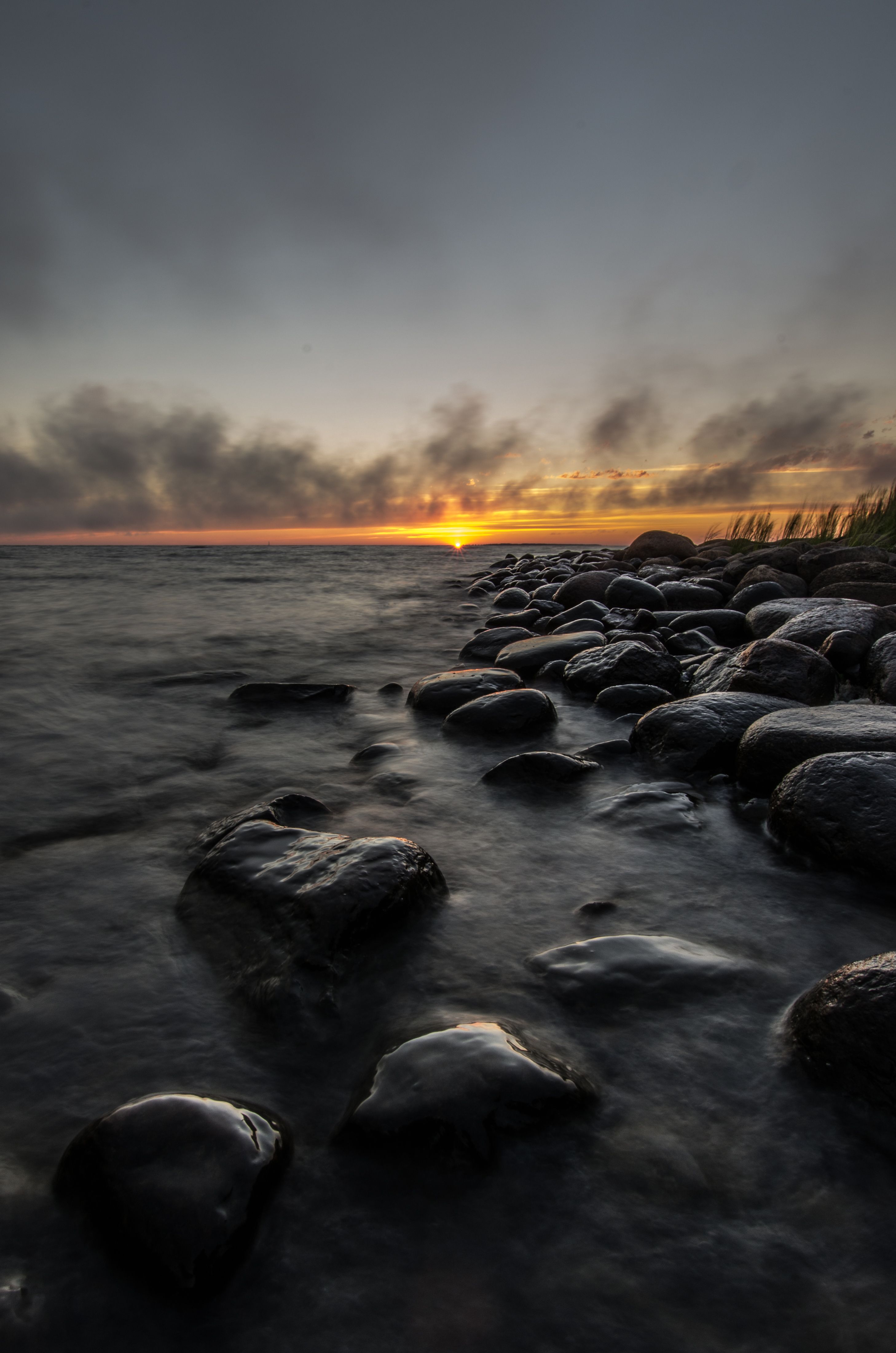 2916x4403 Phone wallpaper: Sea, Sky, Stones, Water, Nature, Sunset, Horizon 129104