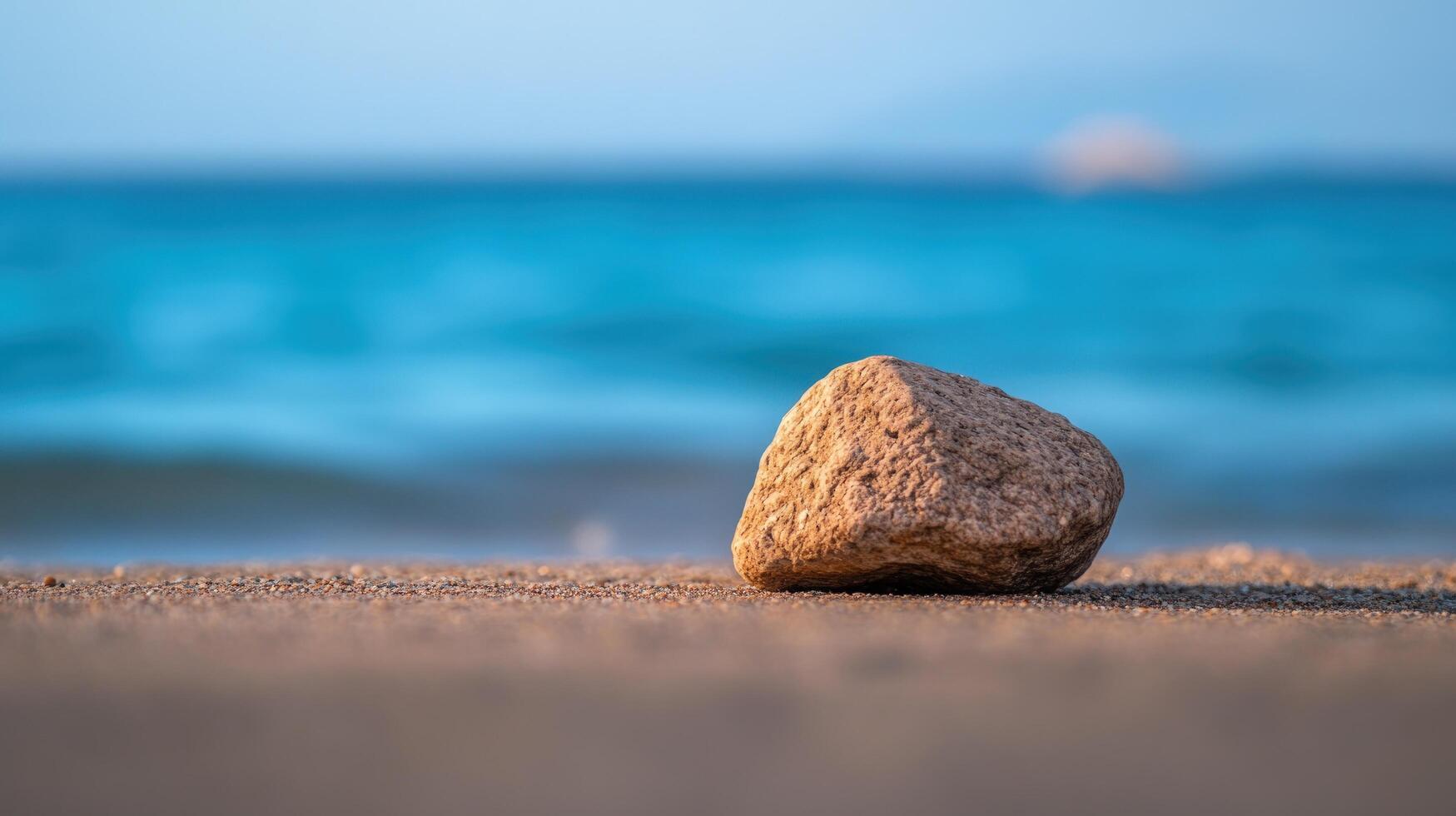 1749x980 Tranquil Beach Scene A Single Stone on Golden Sand, Azure Ocean Background