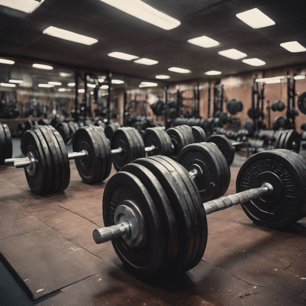 1024x1024 An old school bodybuilding gym from the 80's, filled with massive dumbbells, chalk flying, and men and women lifting weights. Wallpaper [fda097abe43f47df8a70]