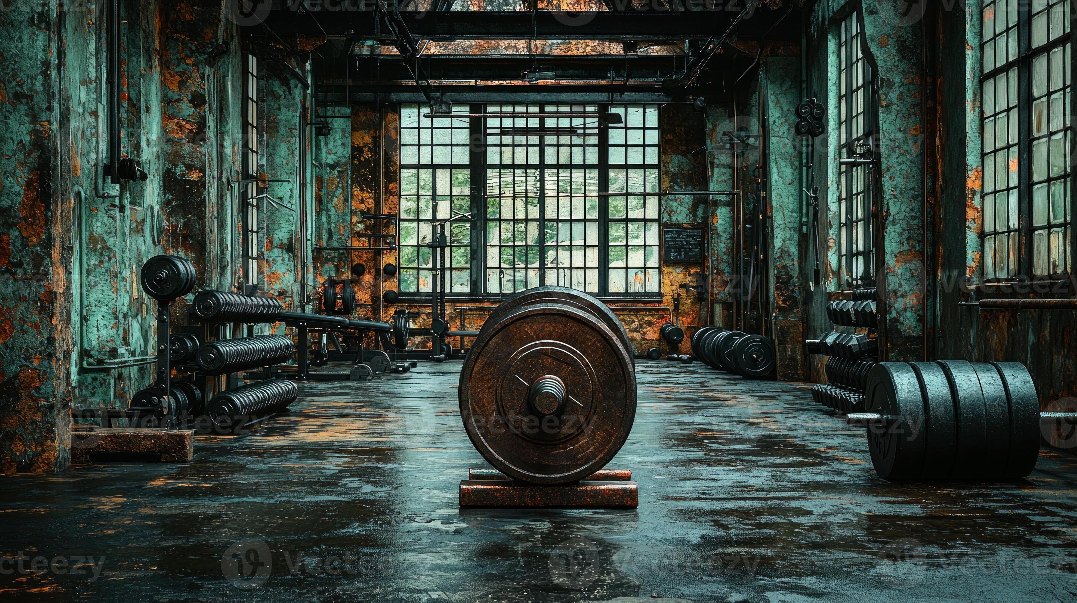 3497x1960 gritty old school gym showcases free weights and rugged aesthetics with exposed pipes and a chalk stained floor capturing the essence of strength training