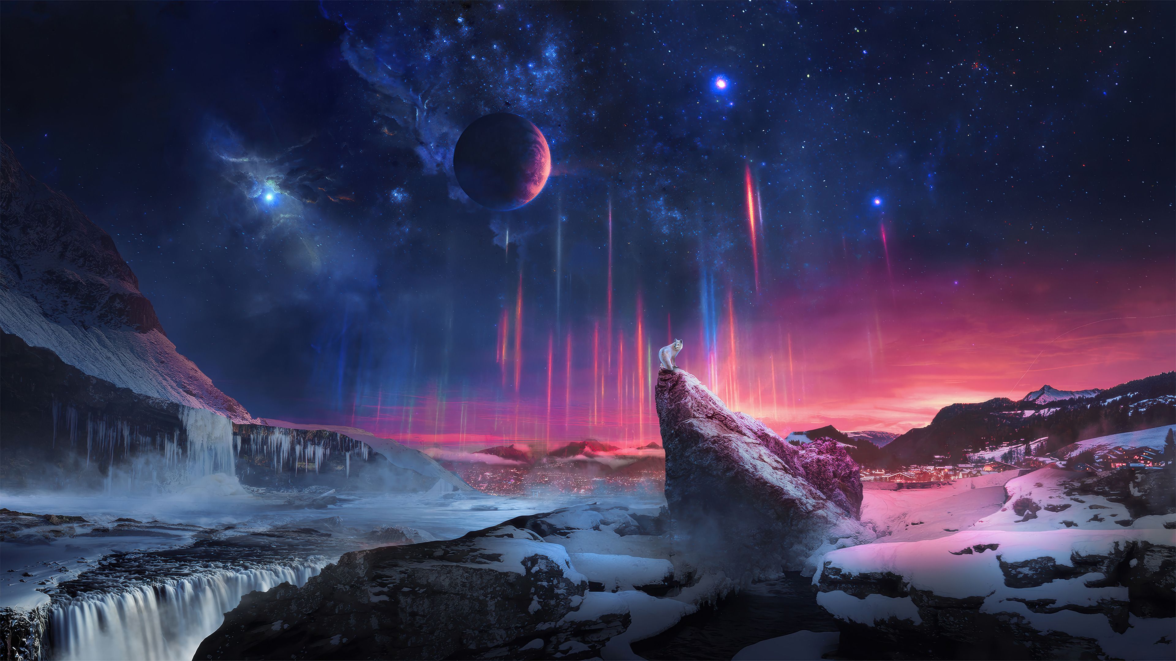 3840x2160 Lone Wolf Winter Night Sky Moon Wallpaper 4K HD PC c