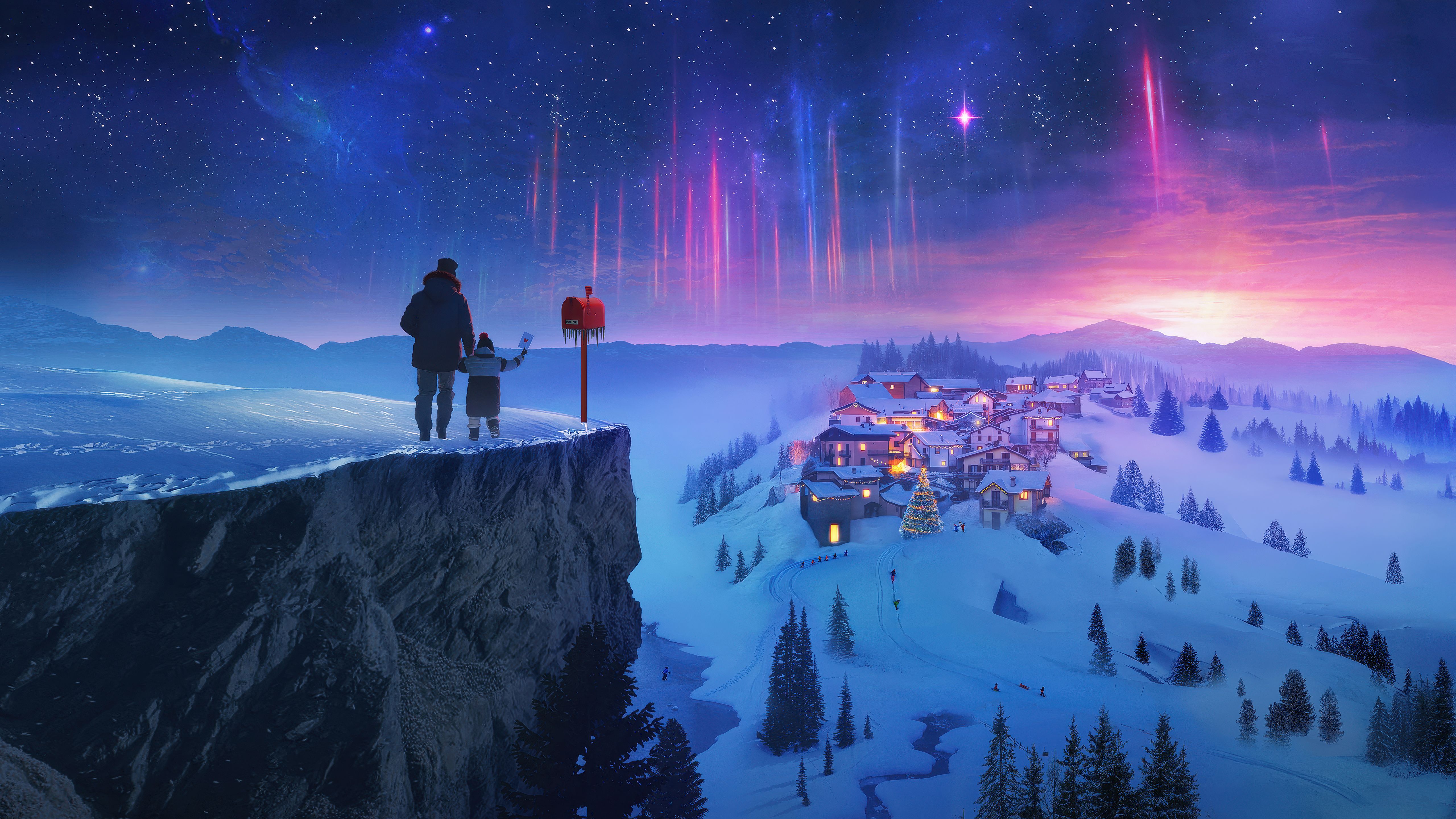 5120x2880 Snowy village Wallpaper 4K, Winter, Aurora sky, Night sky