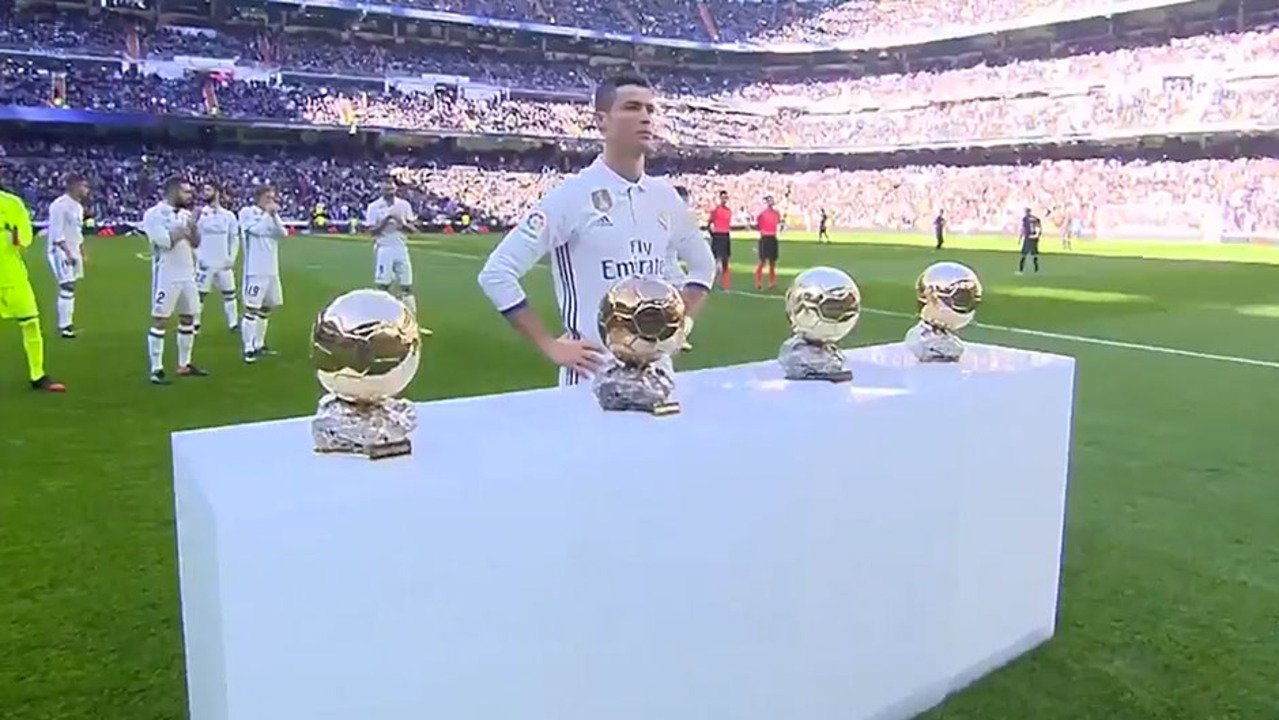 1279x720 Cristiano Ronaldo: Real Madrid star displays his four Ballon d'Ors on the Bernabeu pitch before match against Granada