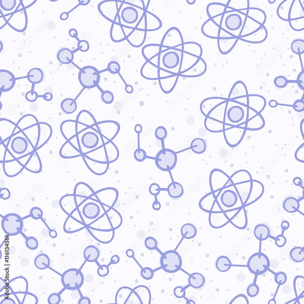 1000x1000 Pattern chemistry. Chemical background. Seamless wallpaper science. Education vector. Proton and atom illustration. Stock Vector