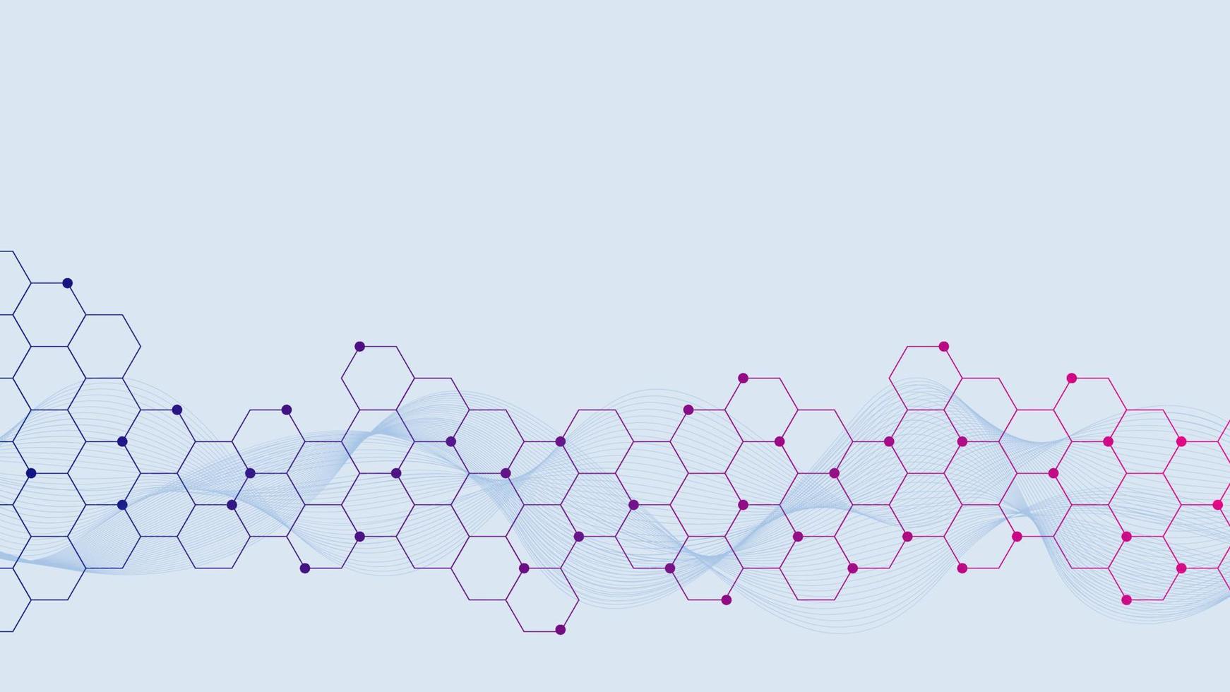 1742x980 Abstract hexagonal background with particles and wave flow for medicine, chemistry, science and technology backdrop concept design. Vector illustration