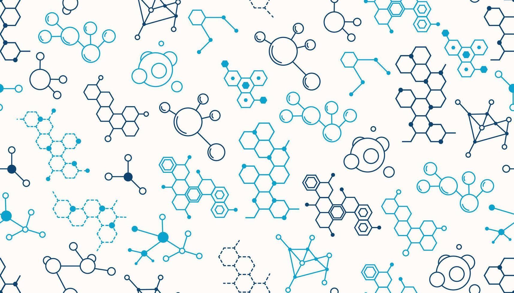 1715x980 Seamless Pattern Of Blue Chemical Molecules And Honeycomb Structures. This Scientific Background Features Diverse Abstract Formulas And DNA Like Clusters, Ideal For Medicine And Biotech