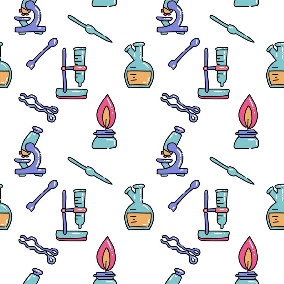 980x980 Seamless pattern of decorative color hand drawn chemical lab scientific experiment equipment isolated vector illustration.Set of flask and metal tools in doodle on white background. Chemistry for kids 6134639 Vector Art