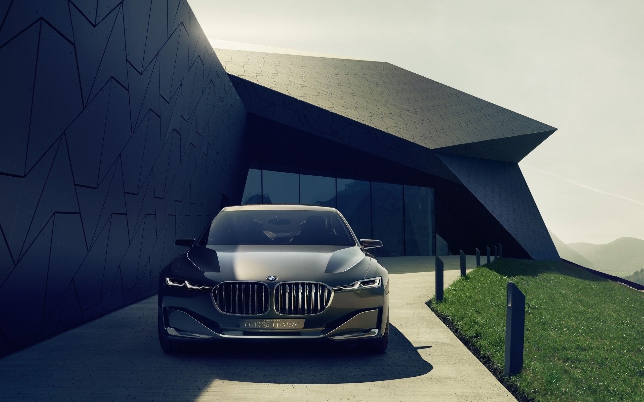 2560x1600 nature, Landscape, Modern, Architecture, Car, BMW, Grass, BMW Vision Future Luxury, Sunlight, Glass, House, Hills Wallpaper HD / Desktop and Mobile Background