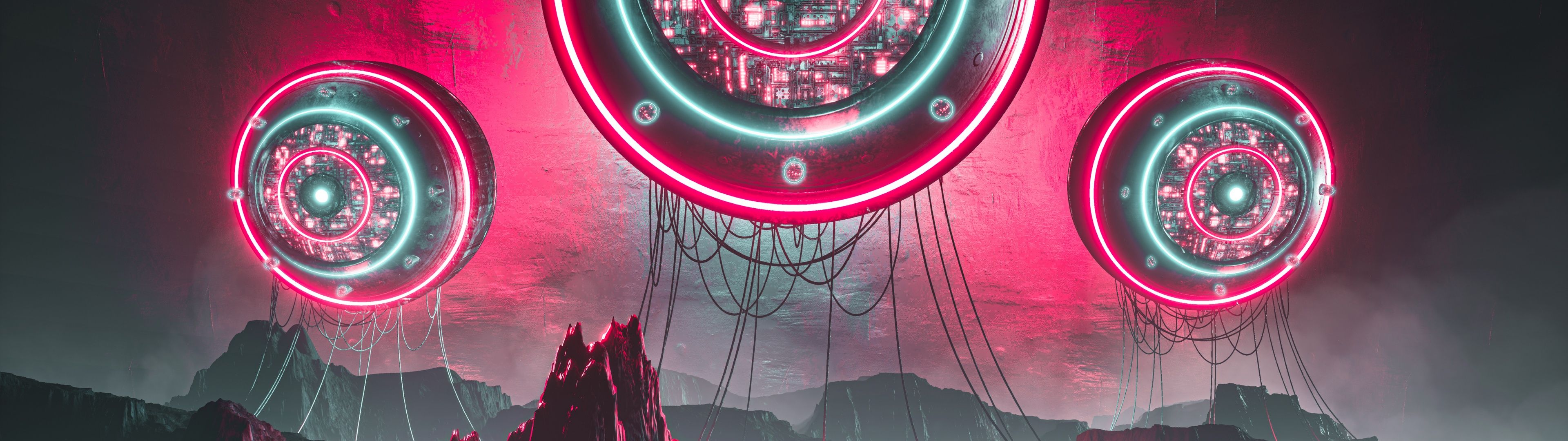 3840x1080 Aliens Wallpaper 4K, Spaceship, Neon background