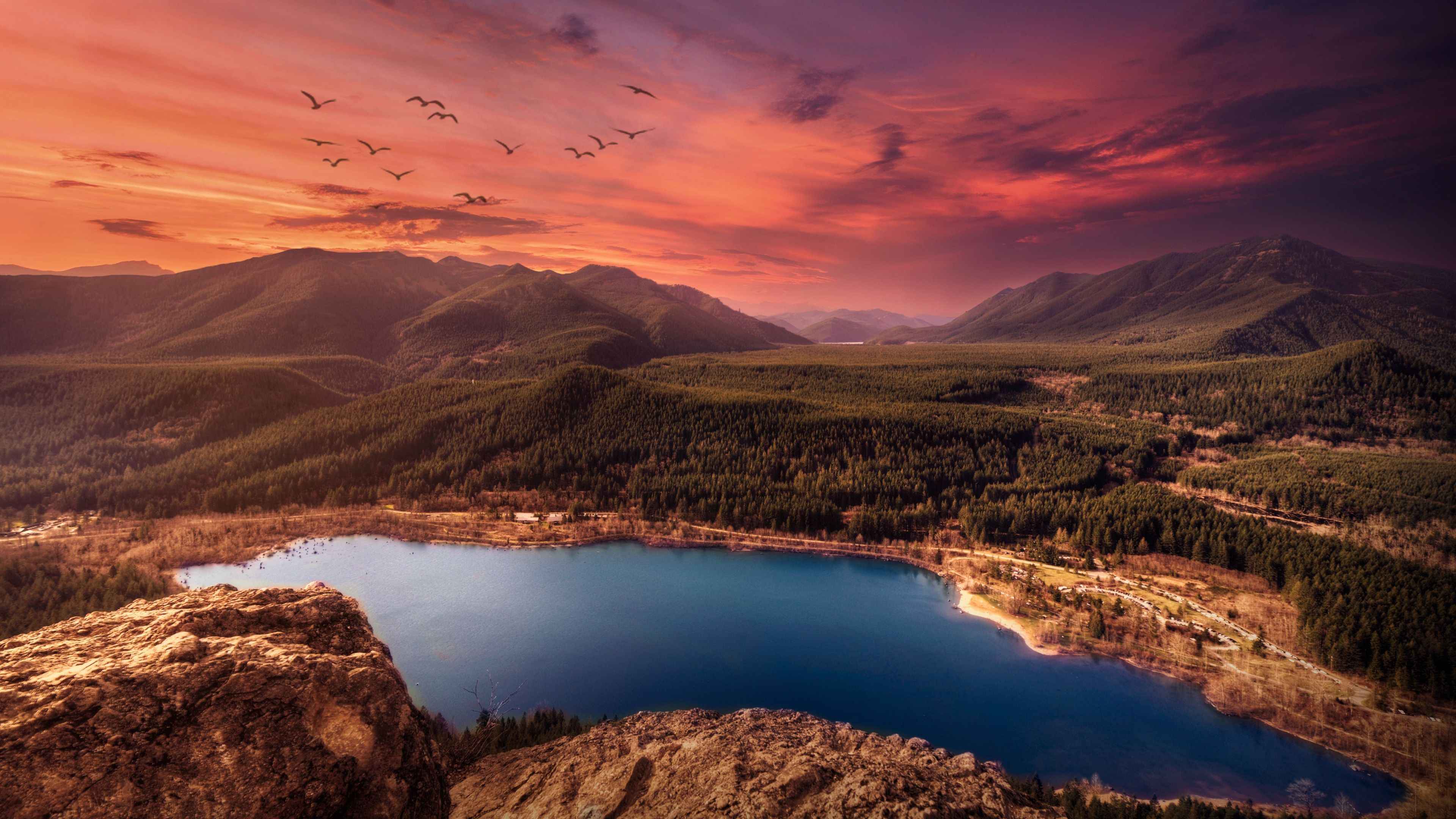 3840x2160 Scenic Wallpaper 4K, Sunset, Lake, Mountains