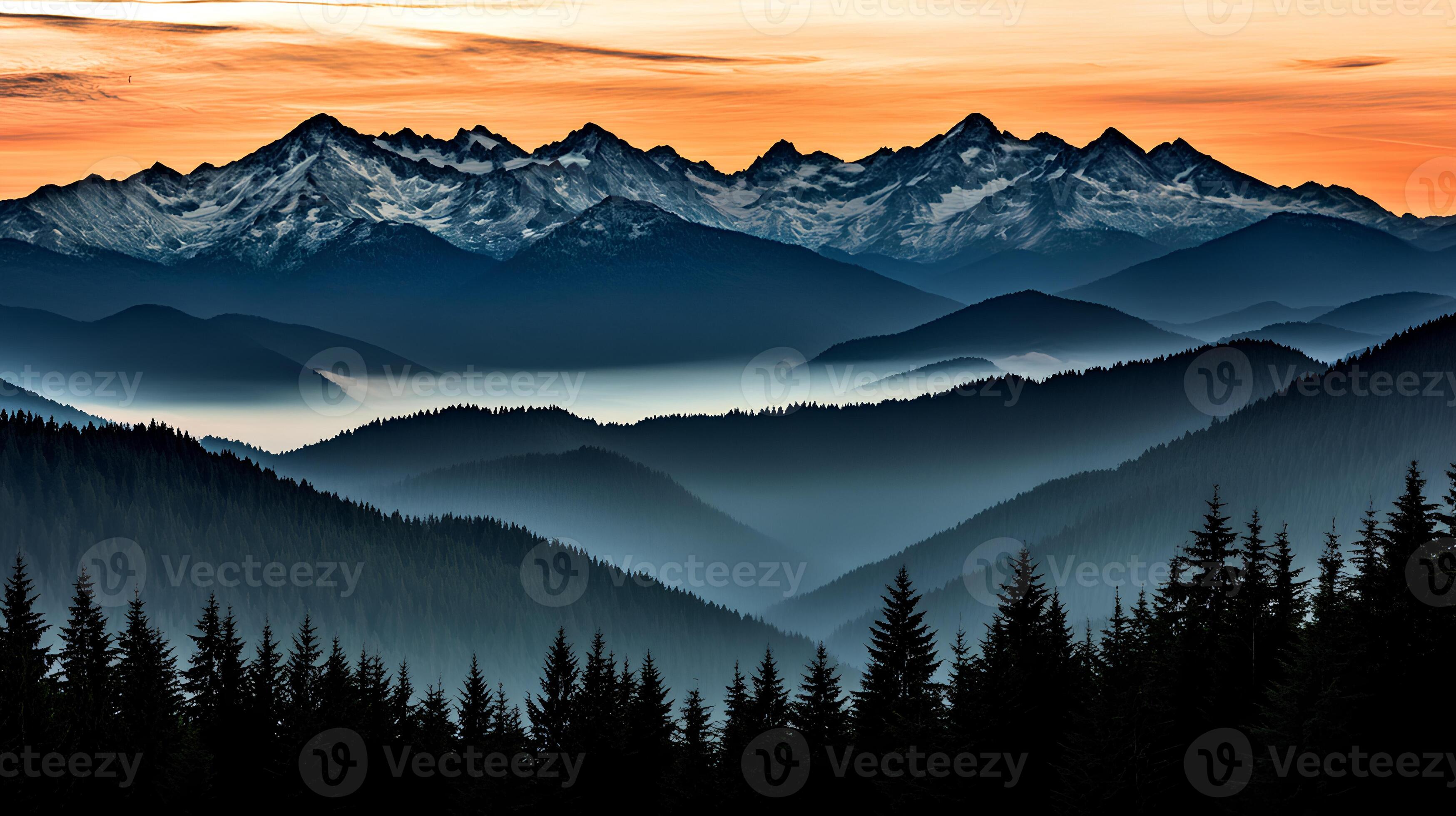 3497x1960 A mountain landscape with the soft light of sunset and the sunrise piercing, creating a mystical atmosphere. Perfect for imagery about mountains, sunrises, and natural landscapes 55792552