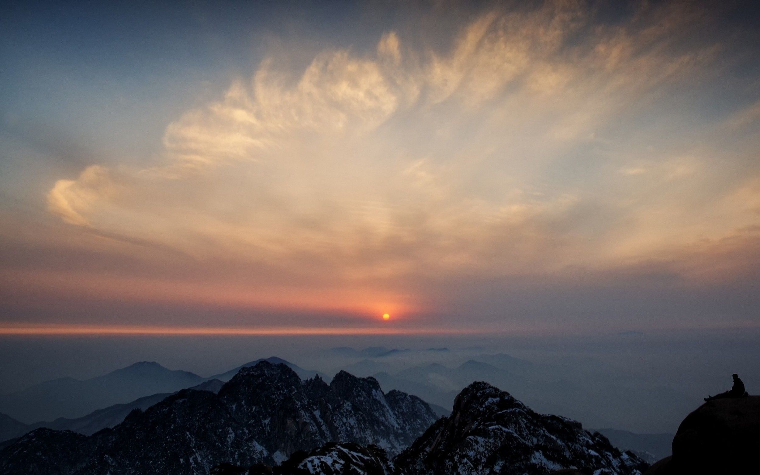 2500x1563 nature, Photography, Landscape, Sunset, Mountains, Clouds, Horizon, Mist, Summit, Level, Sun, Think, Real Small Sun Wallpaper HD / Desktop and Mobile Background