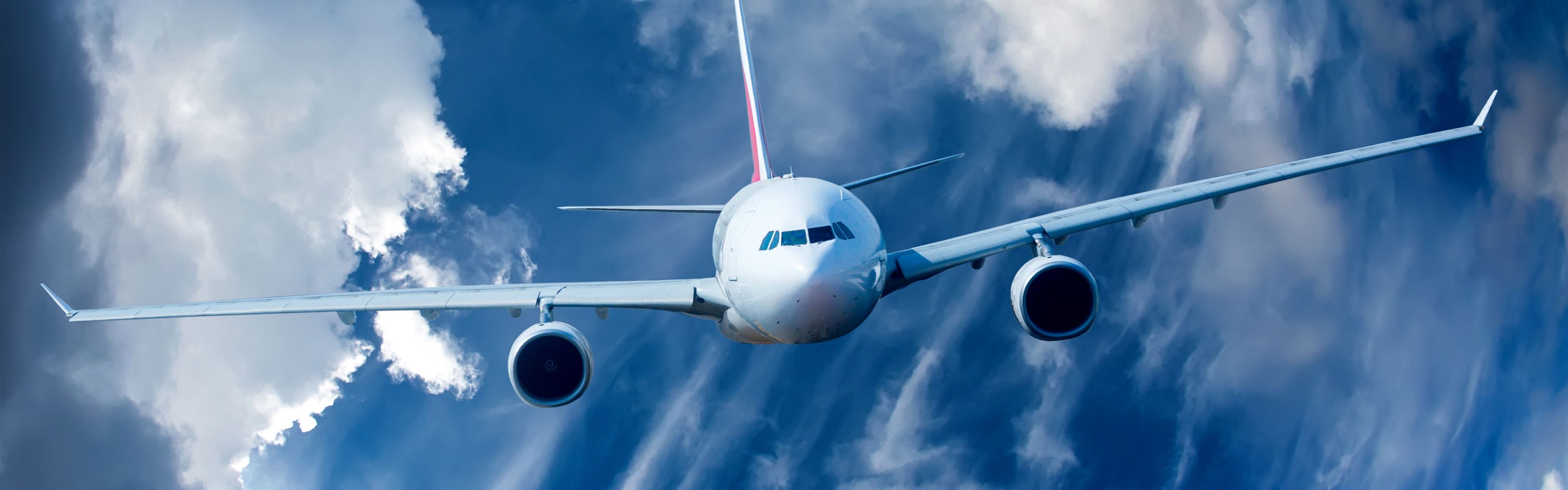 3840x1200 Wallpaper Airplane, clouds, sky, front view 5120x2880 UHD 5K Picture, Image
