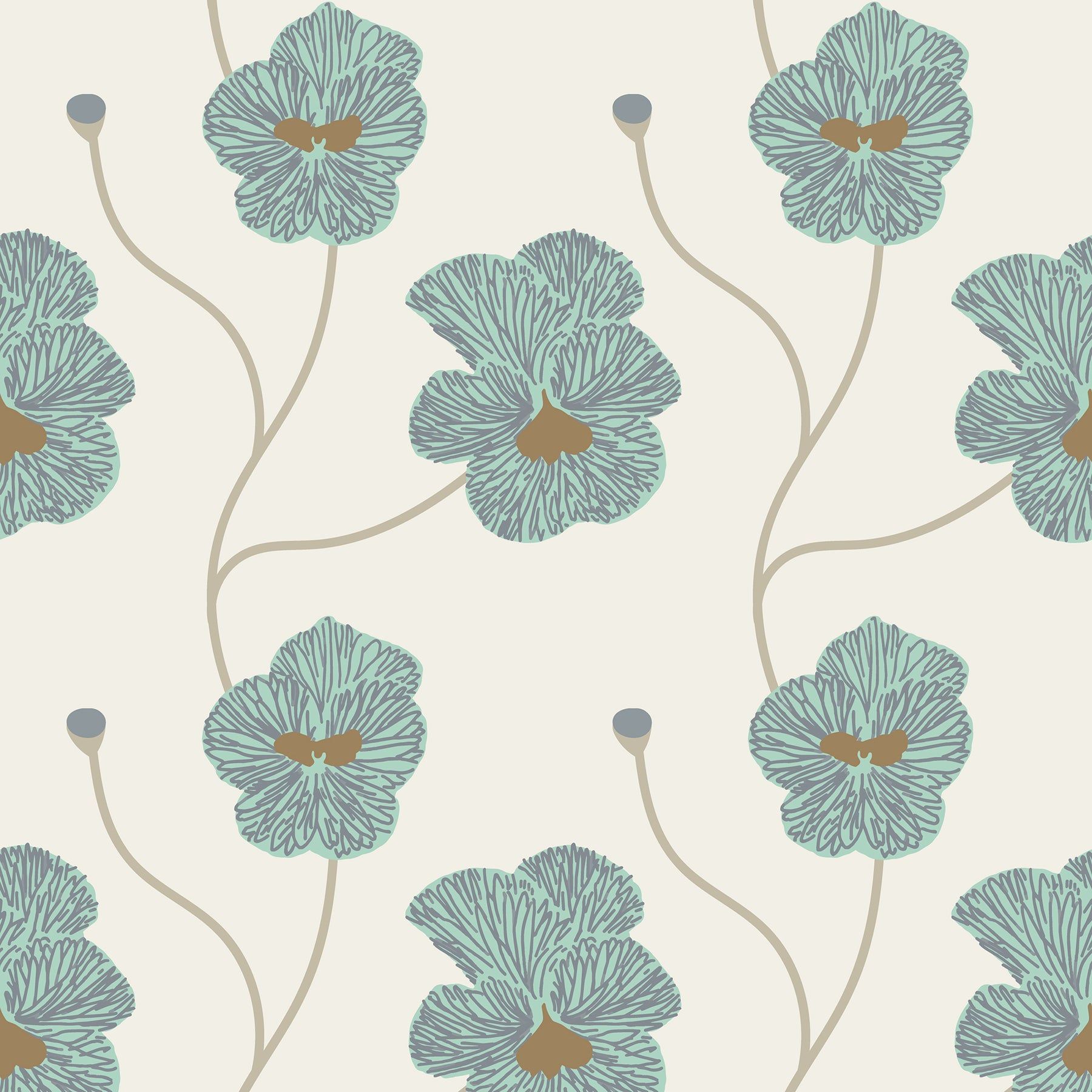 1800x1800 Flourish Teal Floral Wallpaper by Natalie Papier, Repeat: 13.5 inches, Home Decor