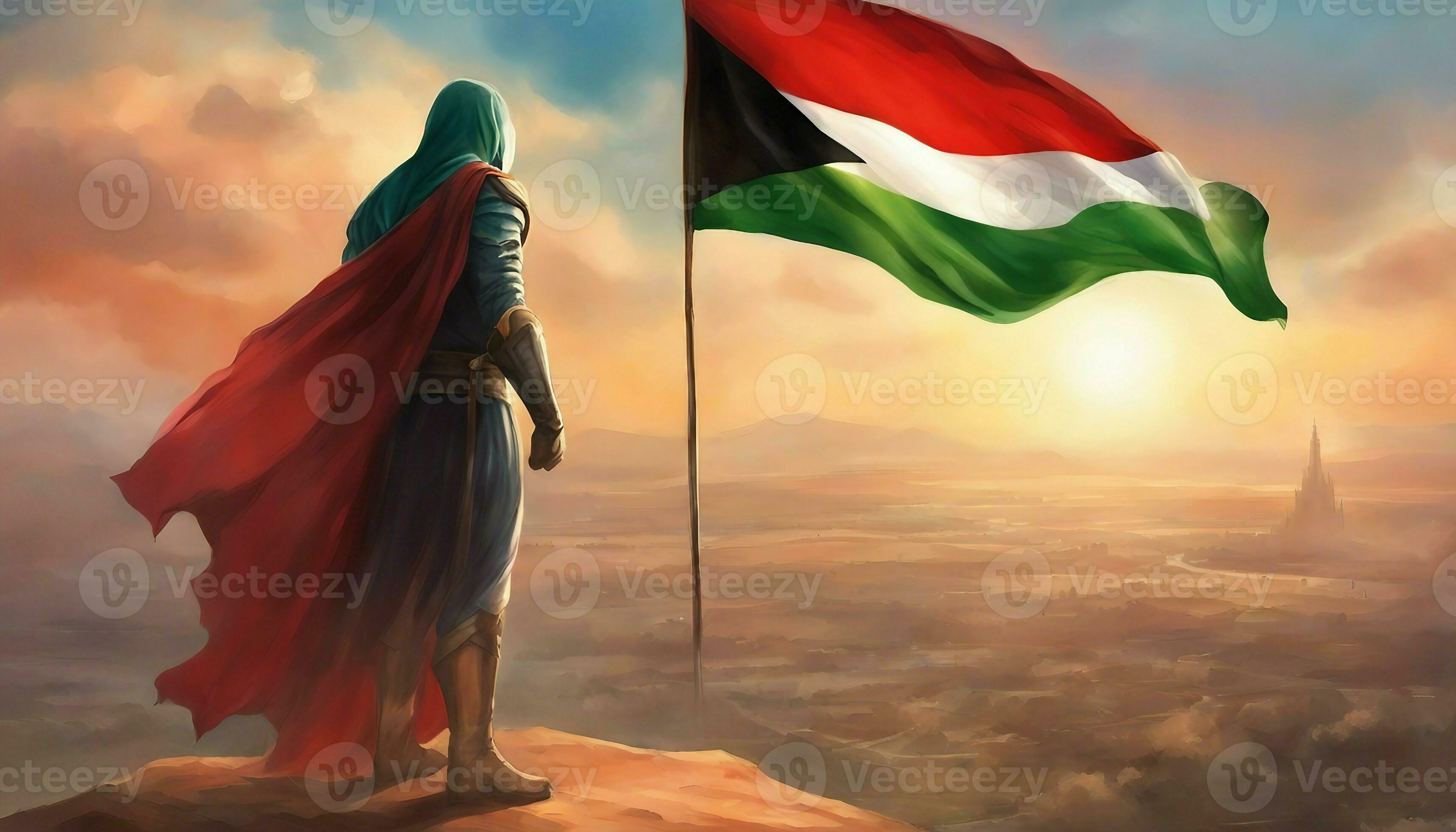 3430x1960 A man holds a Palestinian flag in front of a Al Aqsa Mosque. Superhero or Warrior wearing a Palestine Flag to save the Gaza