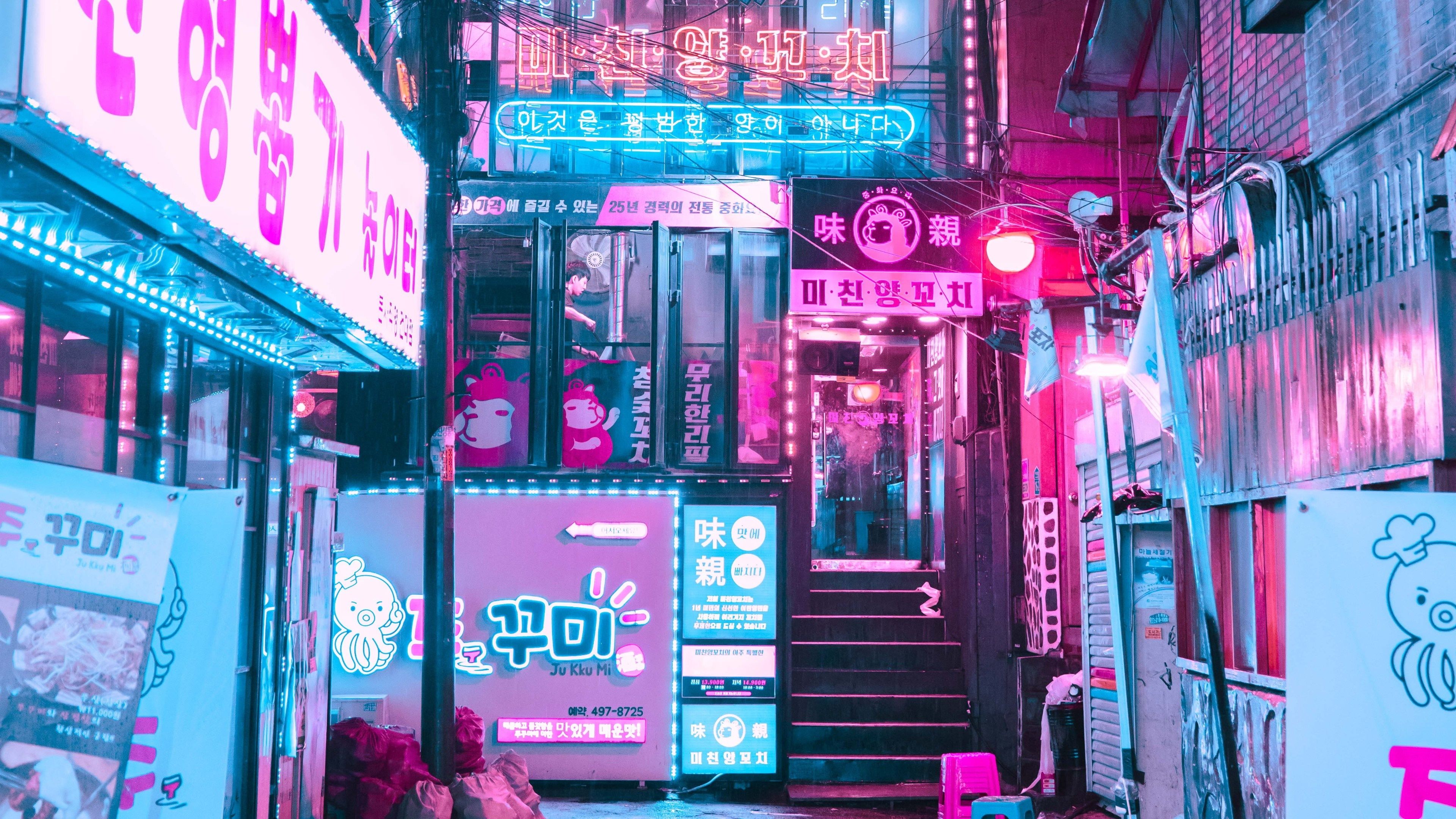3840x2159 Neon alley in Seoul