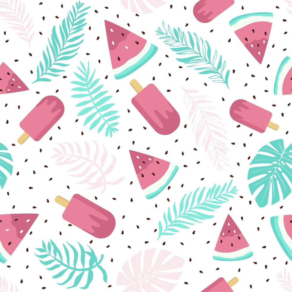 980x980 Cute watermelon and ice cream with seeds.Pattern on white background design for backdrop, wallpaper, poster, postcard and cover book. Summer seamless concept