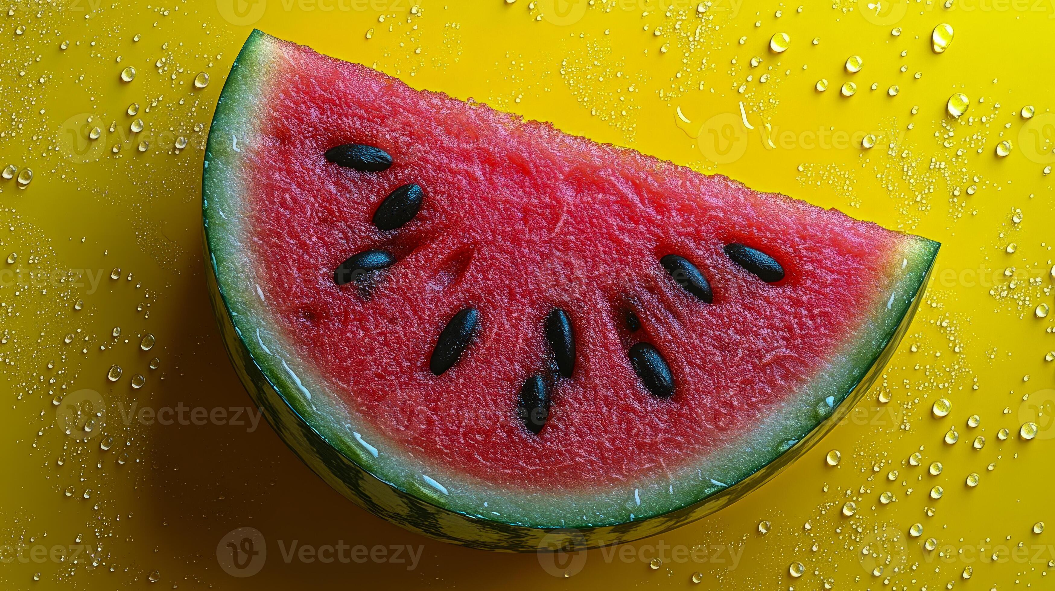 3497x1960 A Juicy, Fresh Cut Slice Of Watermelon With Bright Red Flesh And Black Seeds On A Bright Yellow Background