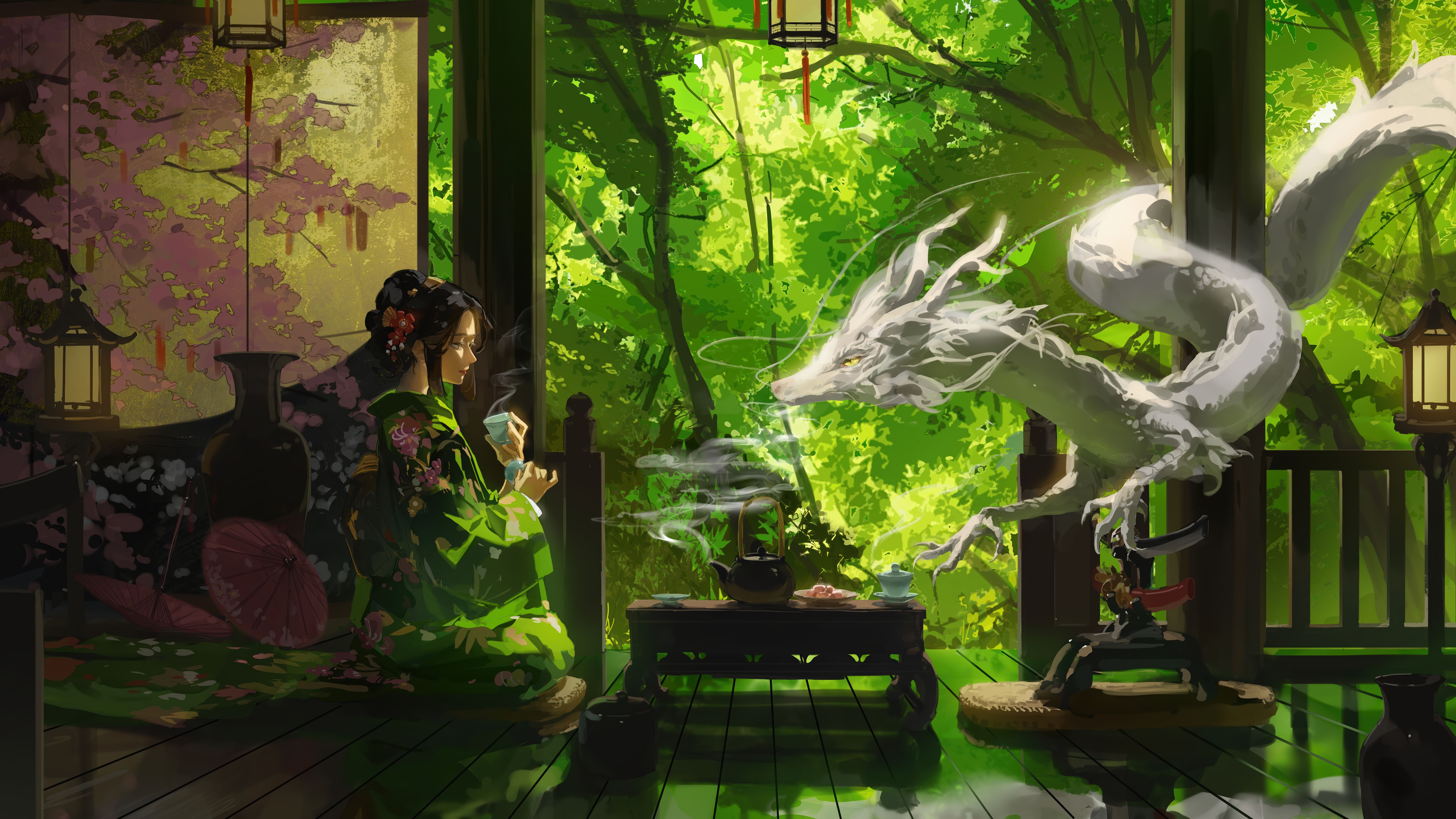 7680x4320 Anime Girl Kimono White Dragon Fantasy Wallpaper 4K 8K HD PC h