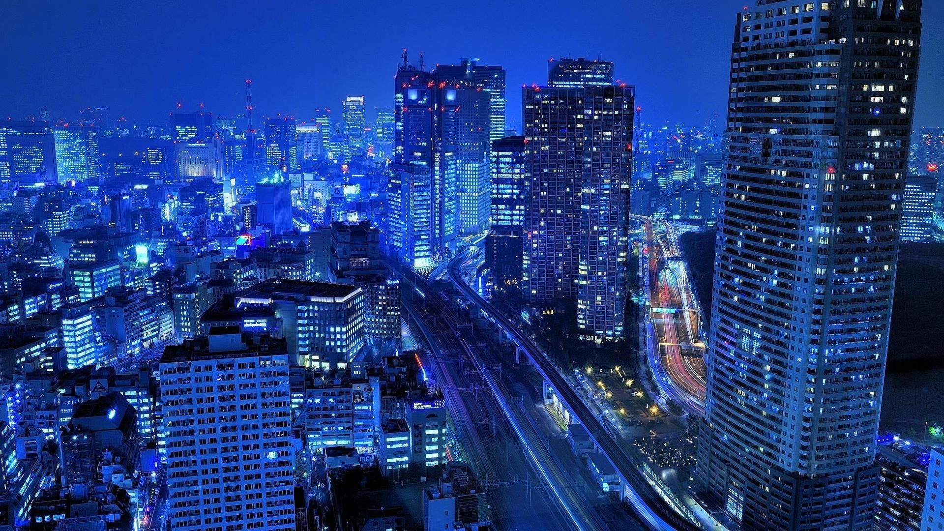 1920x1080 light, Japan, Blue, Tokyo, Cityscapes, Night, Buildings, Roads Wallpaper HD / Desktop and Mobile Background