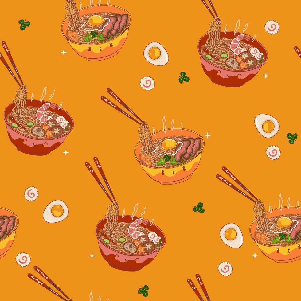 980x980 Seamless pattern with kawaii ramen noodles. Vector graphics
