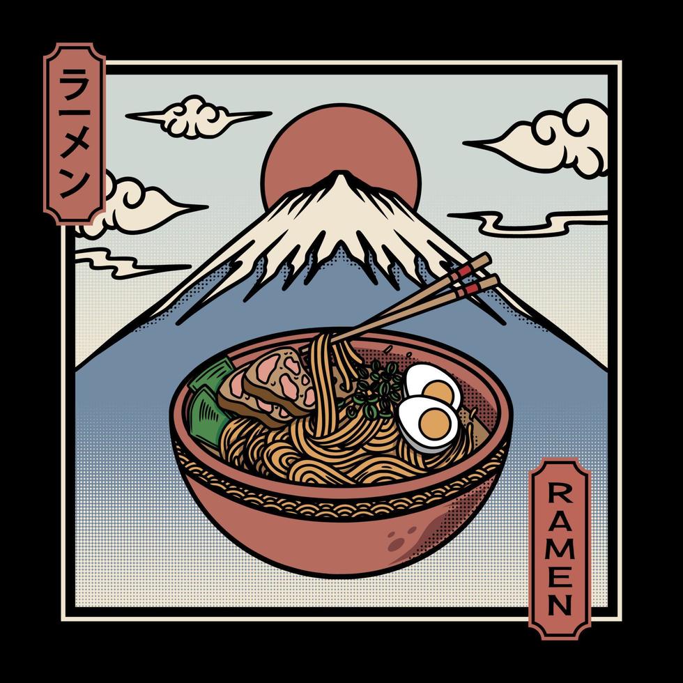980x980 Vector illustration of delicious Japanese ramen noodles on bowl with vintage retro flat style. Japanese Kanji means Ramen