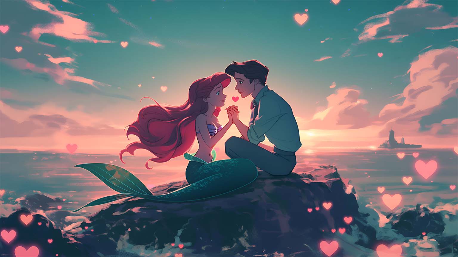 1536x864 Ariel and Prince Eric Valentines Desktop Wallpaper