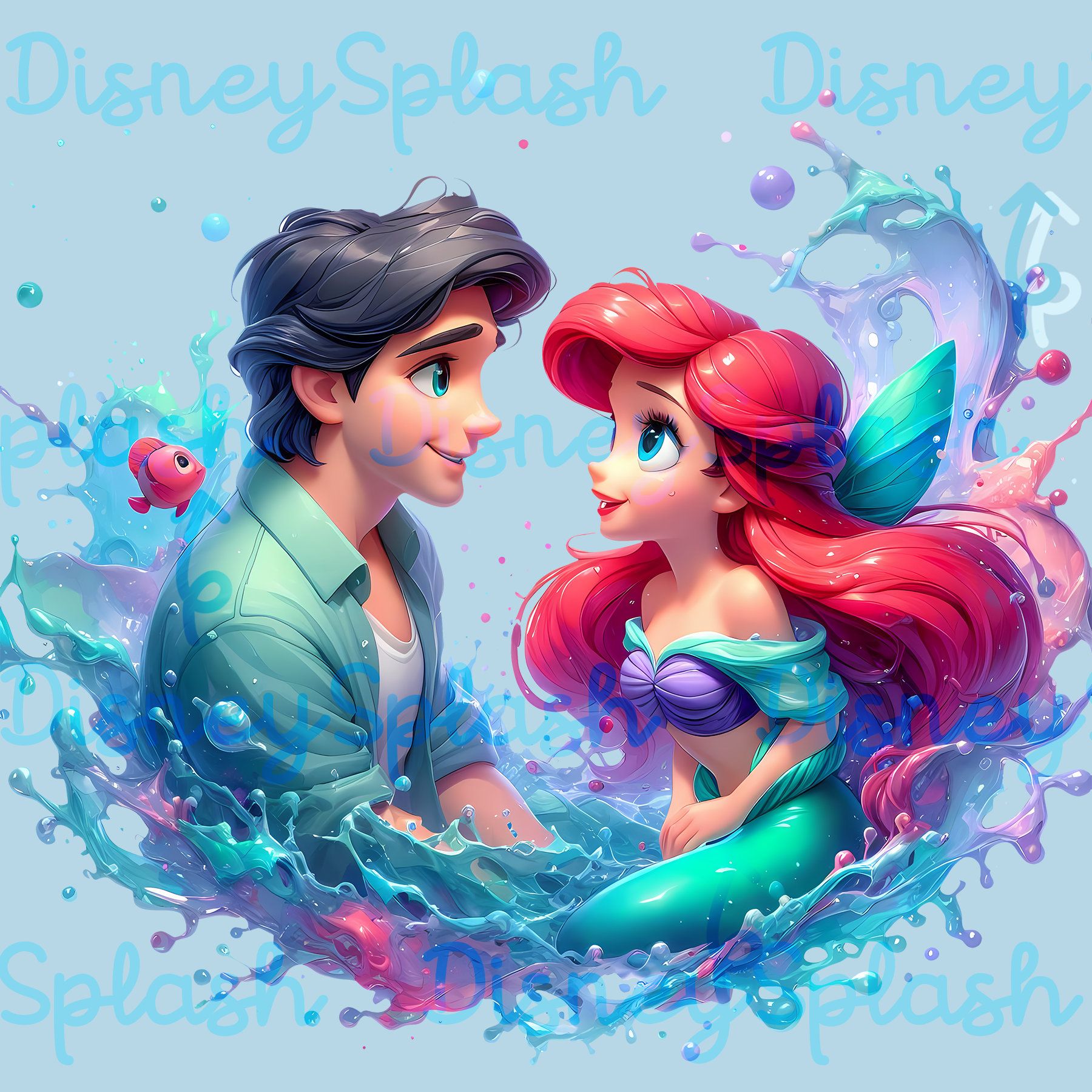1800x1800 Ariel and Eric Clipart: Watercolor Princess Love Image (PNG)